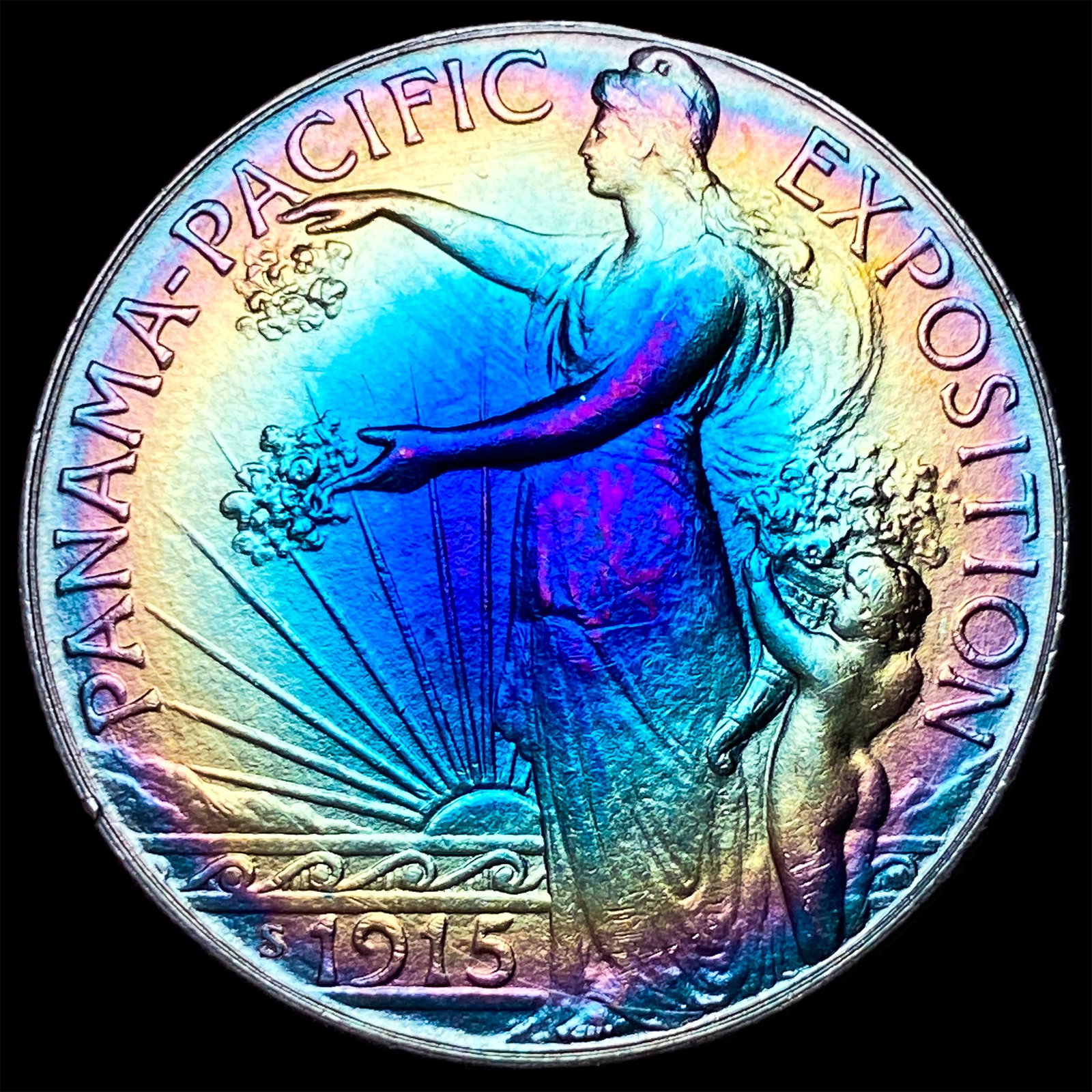 1915-S Toned Silver Panama-Pacific Half Dollar UNCIRCULATED: 1915-S Toned Silver Panama-Pacific Half Dollar UNCIRCULATED