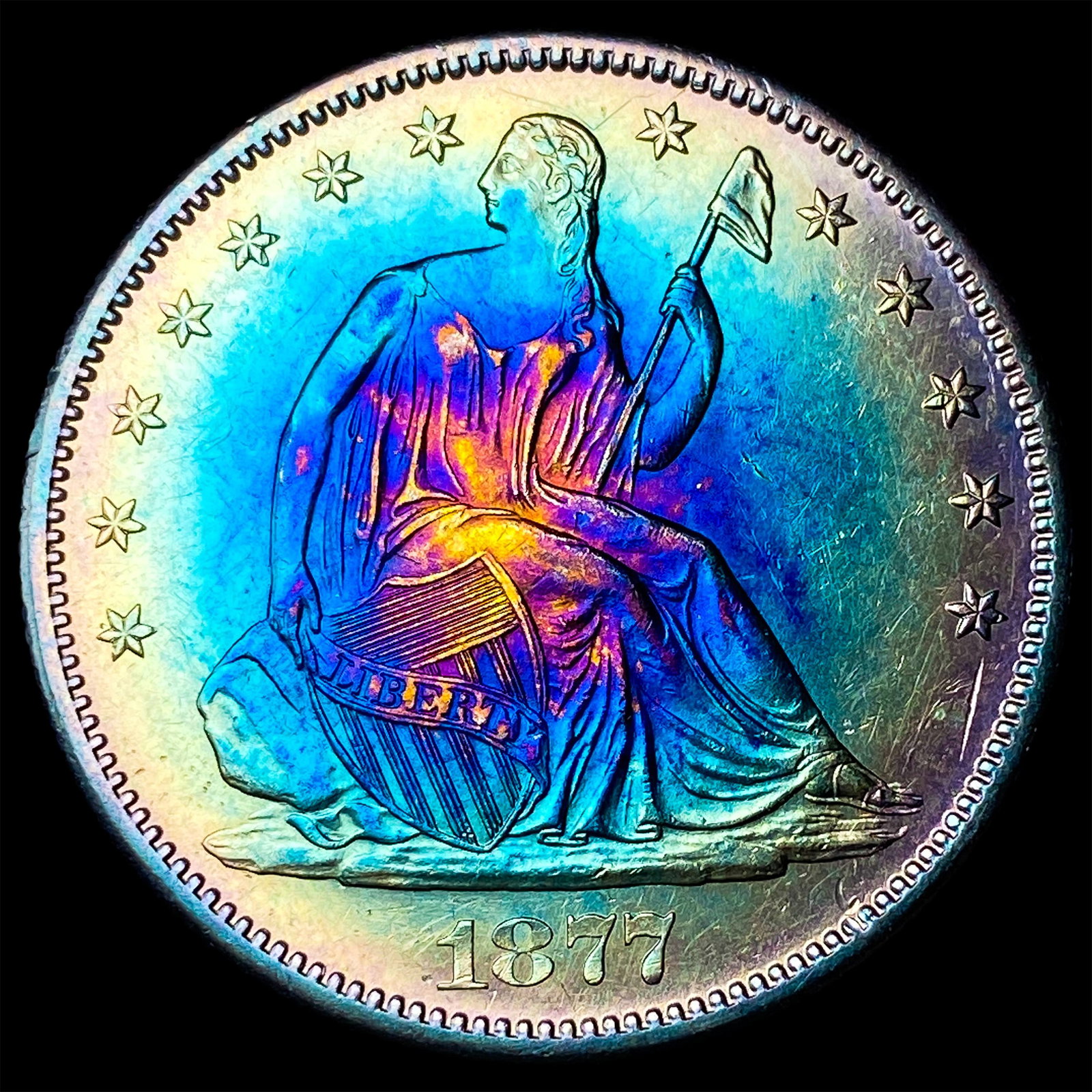 1877-S Toned Silver Seated Liberty Half Dollar CLOSELY UNCIRCULATED: 1877-S Toned Silver Seated Liberty Half Dollar CLOSELY UNCIRCULATED
