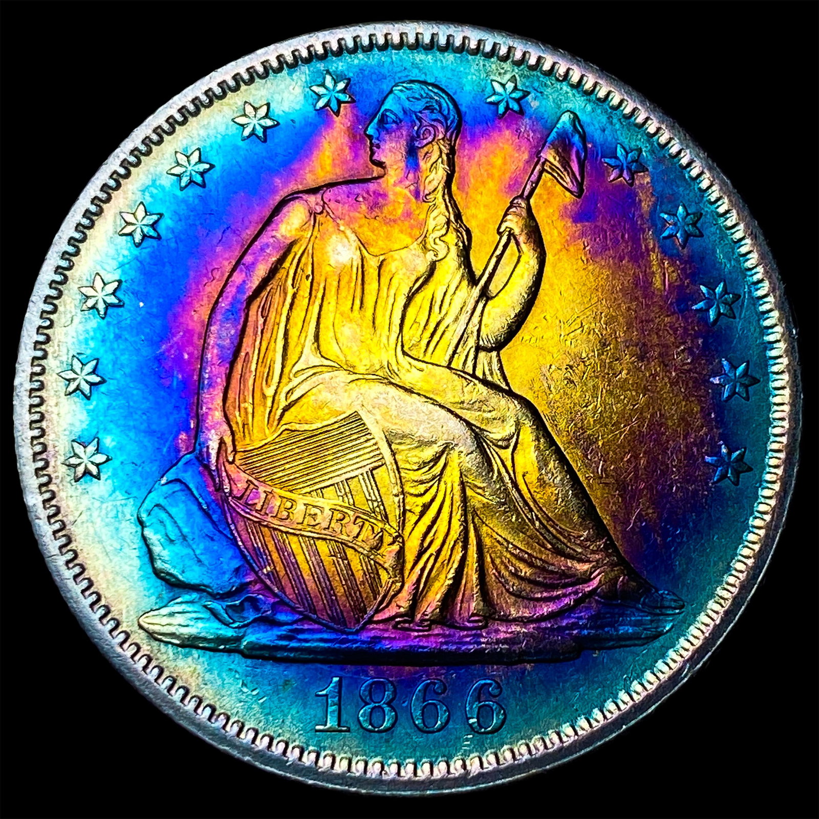 1866 Toned Silver Seated Liberty Half Dollar CLOSELY UNCIRCULATED: 1866 Toned Silver Seated Liberty Half Dollar CLOSELY UNCIRCULATED