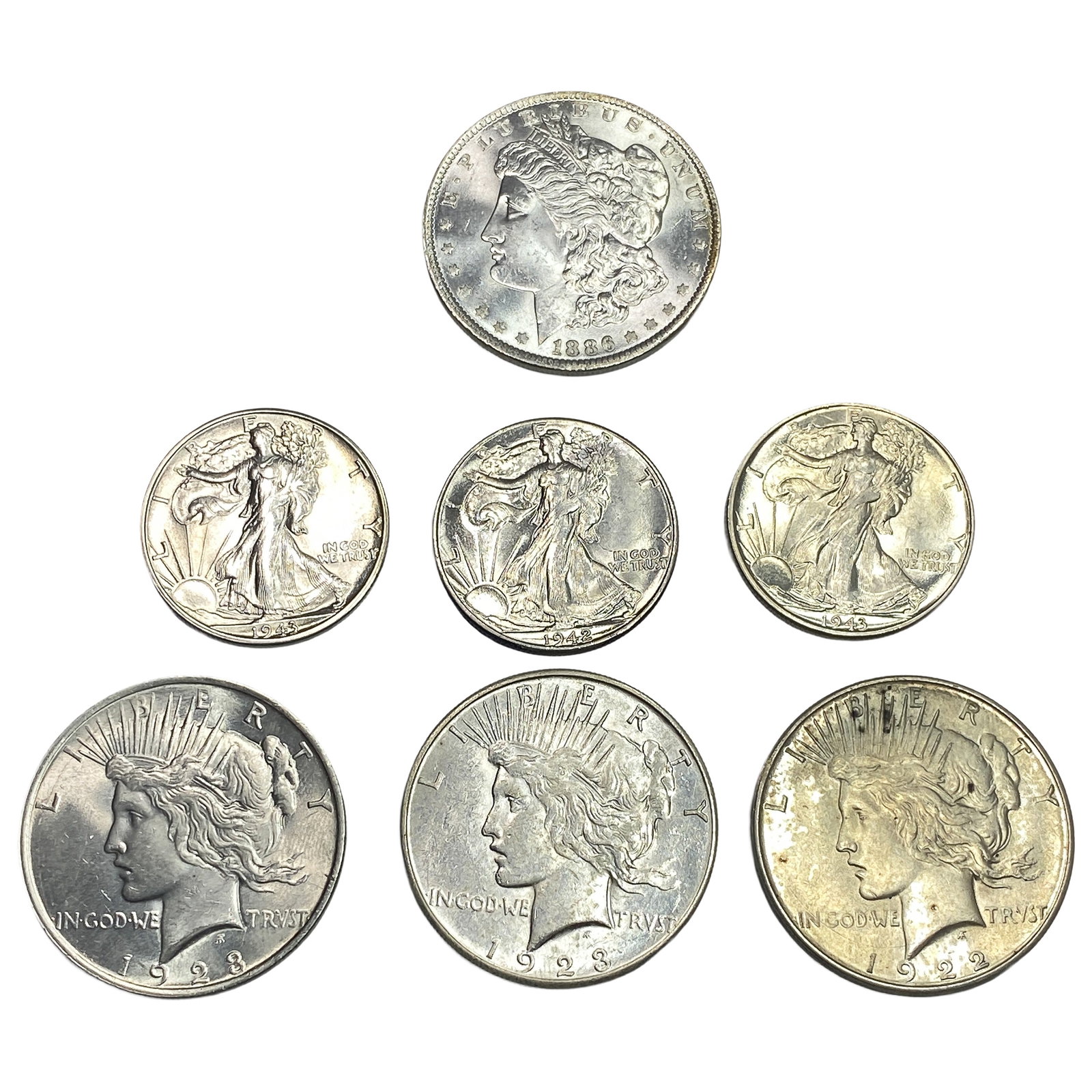 [7 Coins] 1886-1923 Walk. Lib 50C, Morgan & Peace $1 (1 of 2)