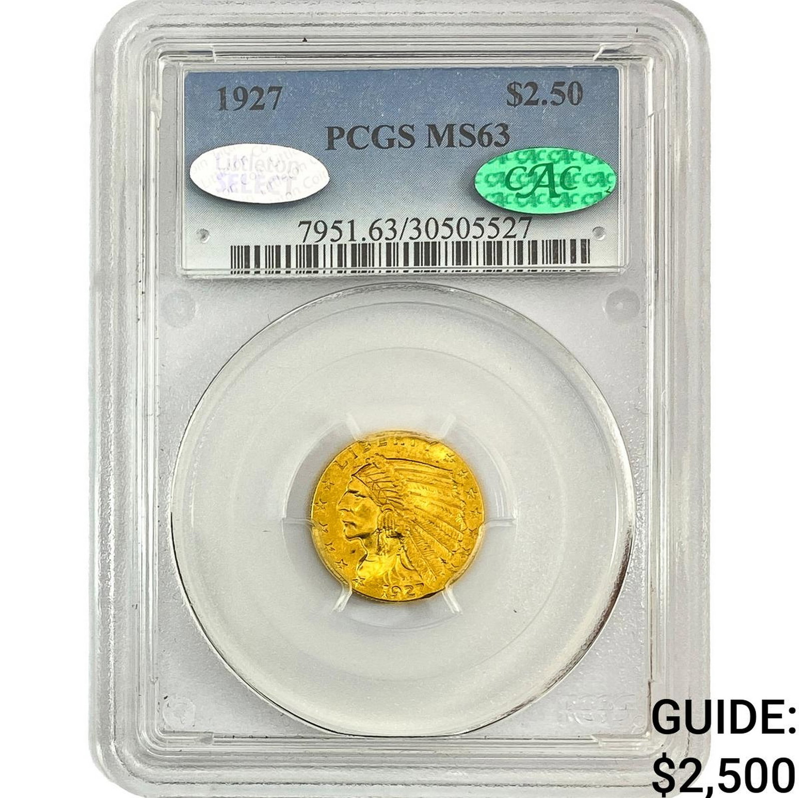 1927 CAC $2.50 Gold Quarter Eagle PCGS MS63: 1927 CAC $2.50 Gold Quarter Eagle PCGS MS63