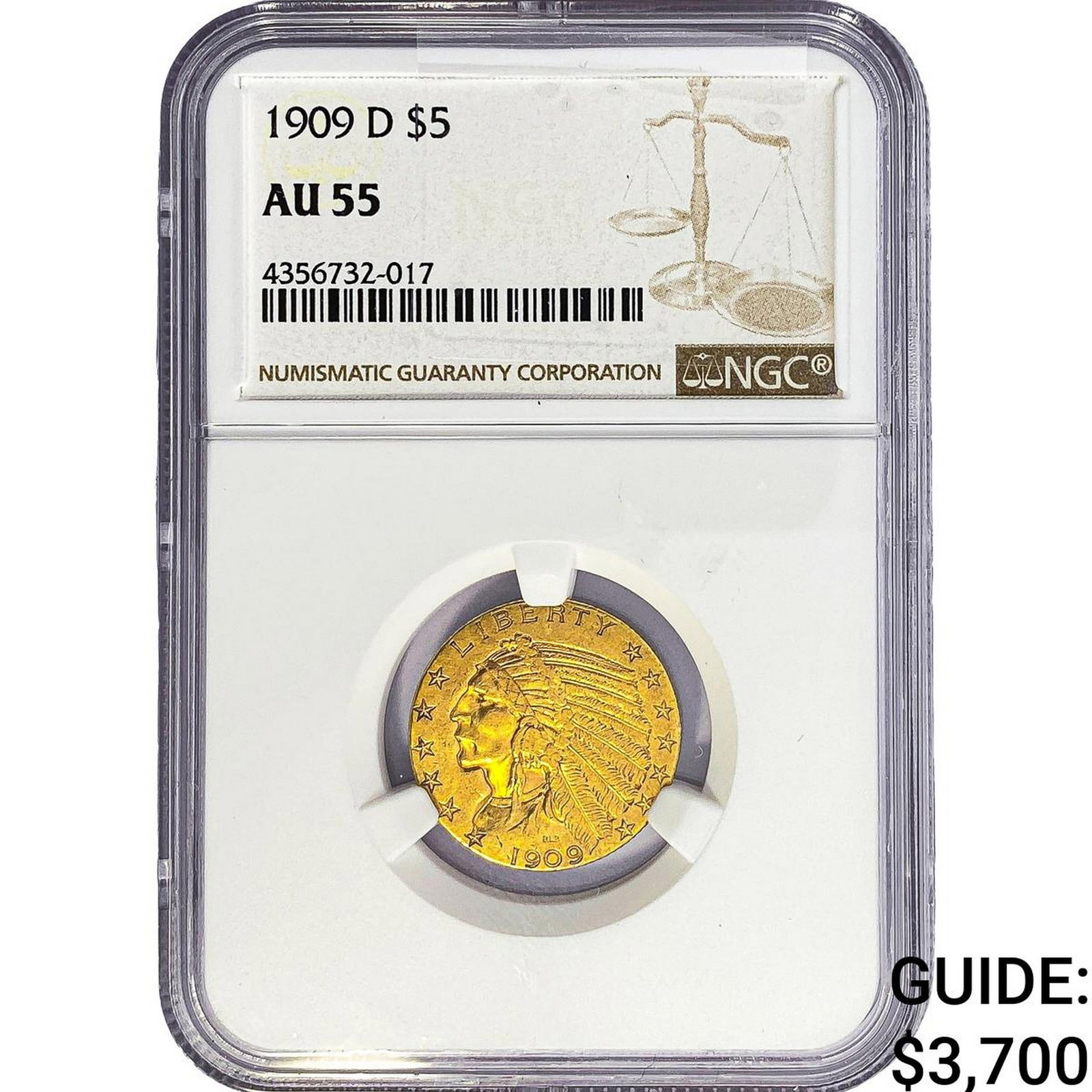 1909-D $5 Gold Half Eagle NGC AU55: 1909-D $5 Gold Half Eagle NGC AU55