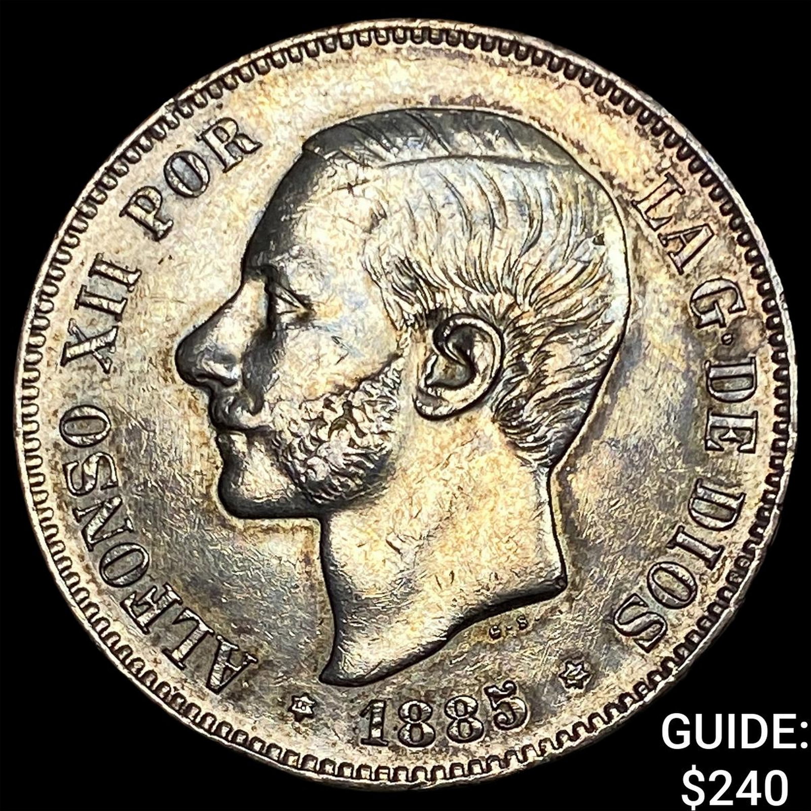 1885 Spain Silver 5 Pesetas Toned: 1885 Spain Silver 5 Pesetas Toned