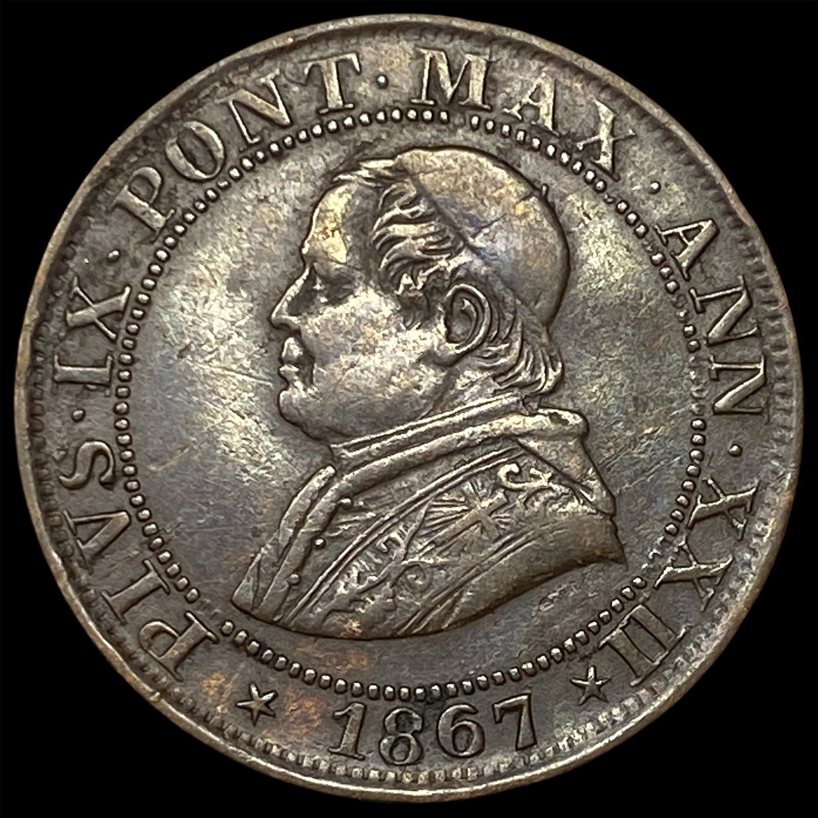 1867R[YR 22] Papal States Copper 1/2 Soldo KM 1371: 1867R[YR 22] Papal States Copper 1/2 Soldo KM 1371