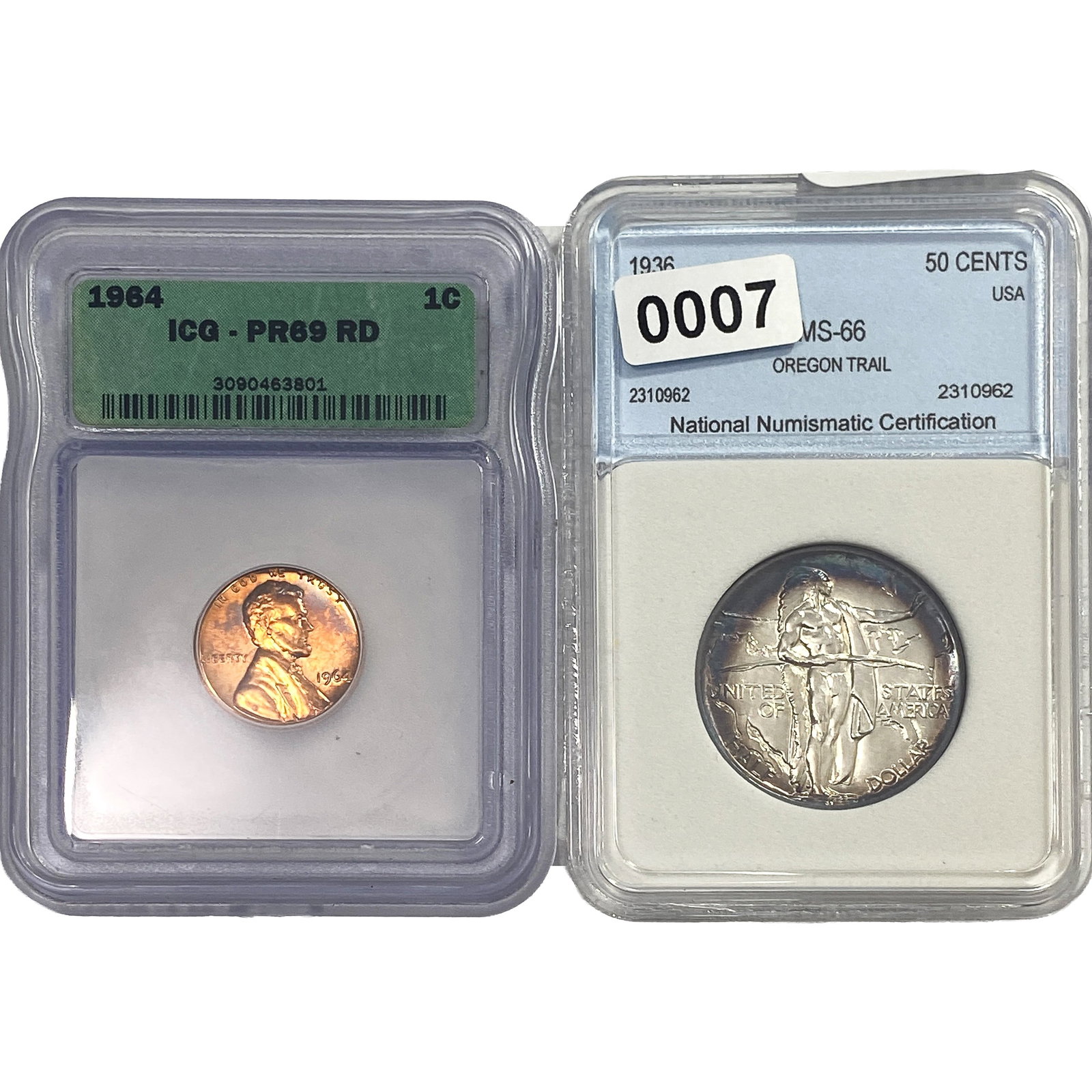 [2 Coins] 1936-1964 Lincoln 1C & Commem. 50C PR/MS66-69 (1 of 2)