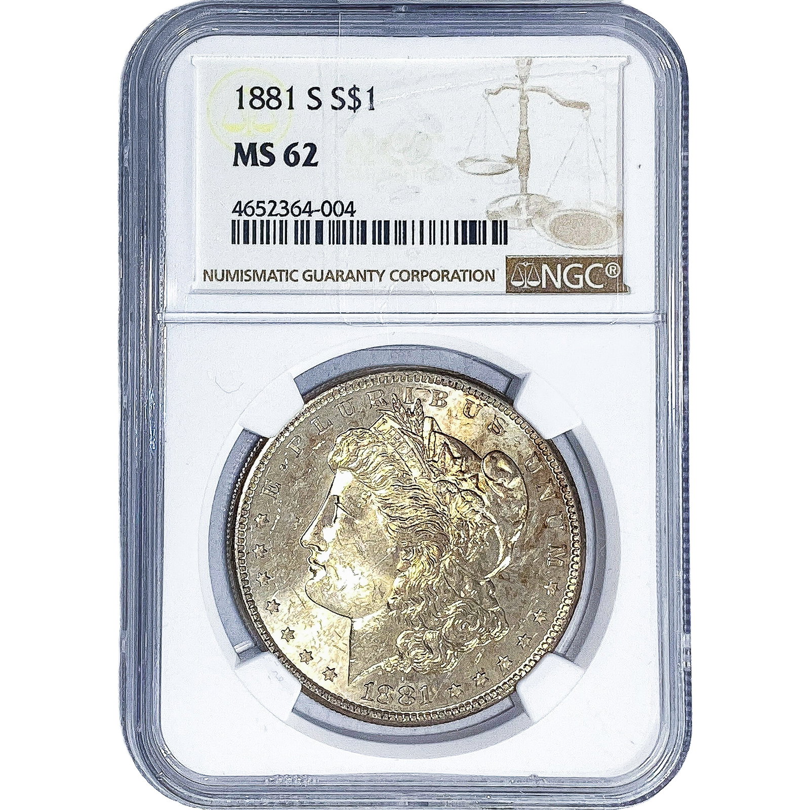 1881-S Morgan Silver Dollar NGC MS62: 1881-S Morgan Silver Dollar NGC MS62