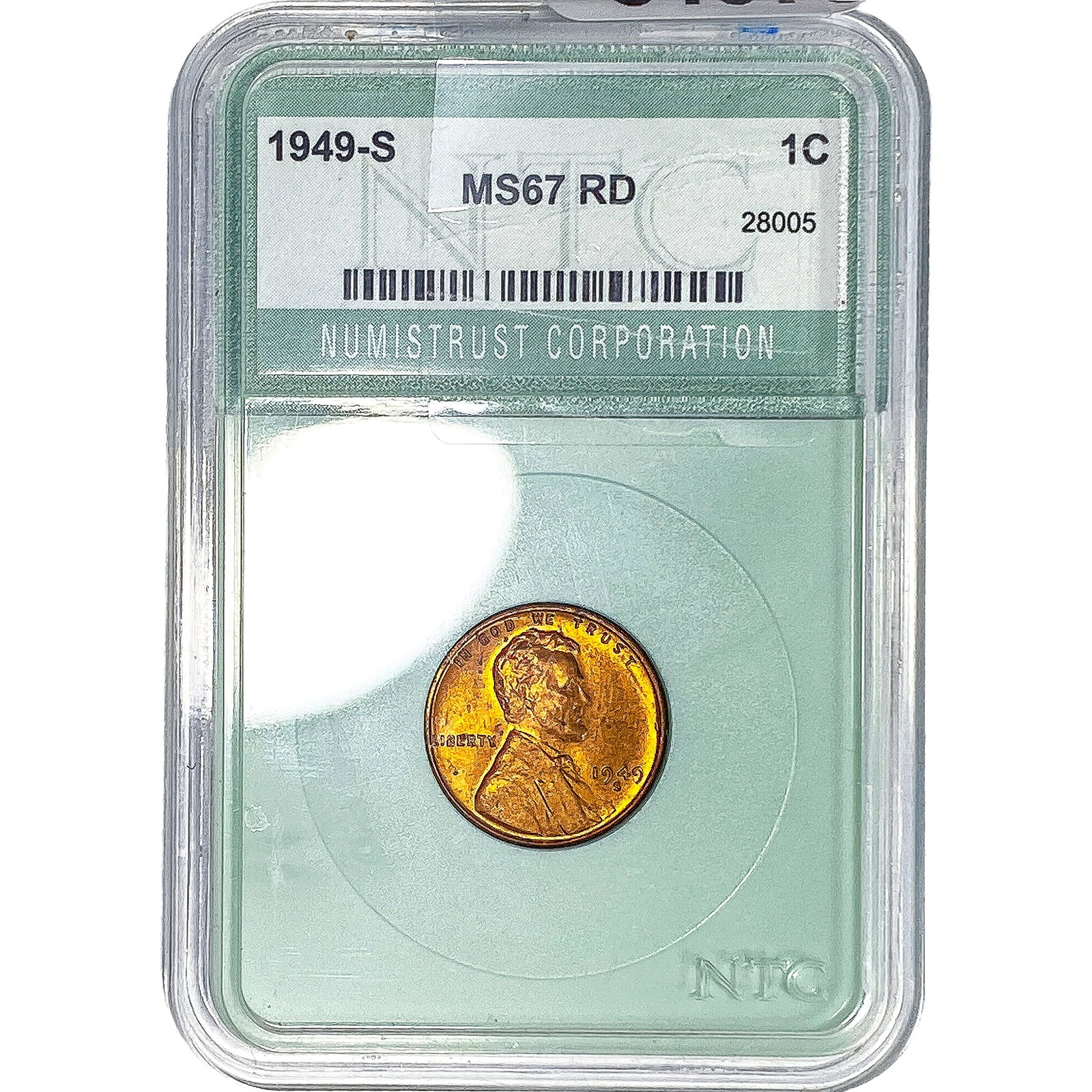 1949-S Wheat Cent NTC MS67 RD: 1949-S Wheat Cent NTC MS67 RD