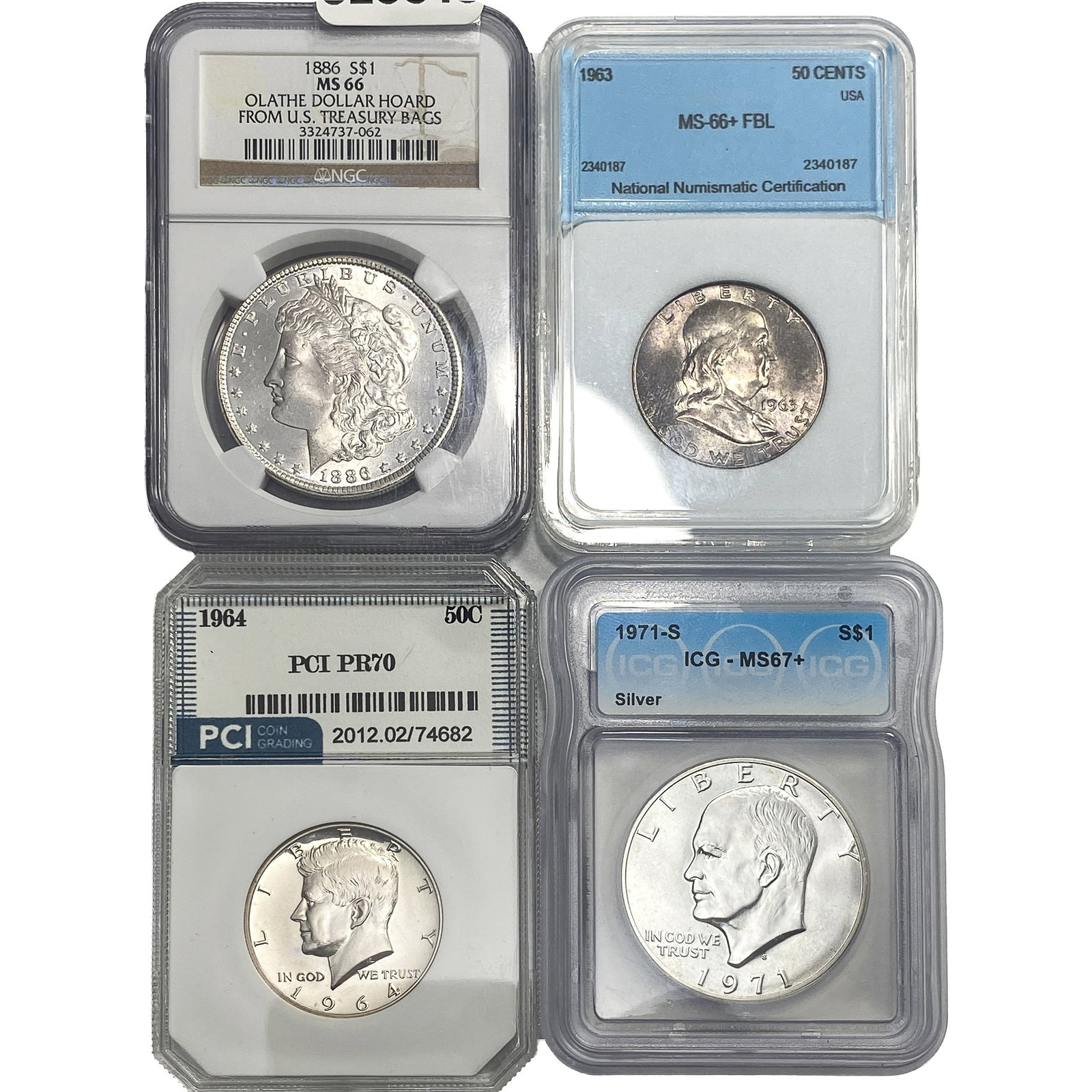 [4] 1886-1971-S Ken. & Frank 50C w/ Morgan & Ike $1 PR/MS66-70: [4] 1886-1971-S Ken. & Frank 50C w/ Morgan & Ike $1 PR/MS66-70