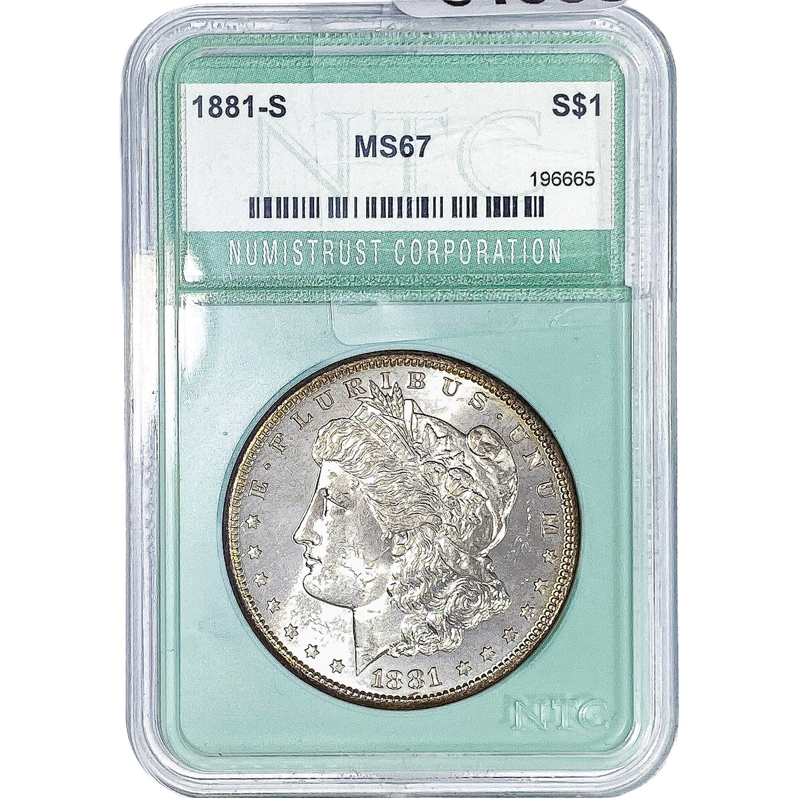 1881-S Morgan Silver Dollar NTC MS67: 1881-S Morgan Silver Dollar NTC MS67