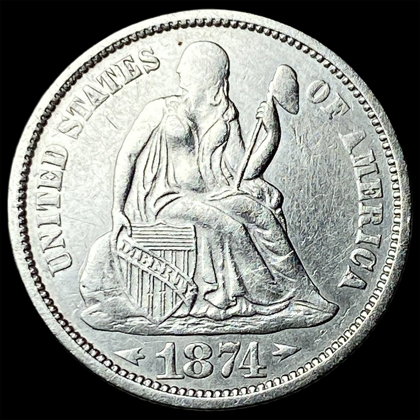 1874 Arrows Silver Seated Liberty Dime NEARLY UNCIRCULATED: 1874 Arrows Silver Seated Liberty Dime NEARLY UNCIRCULATED