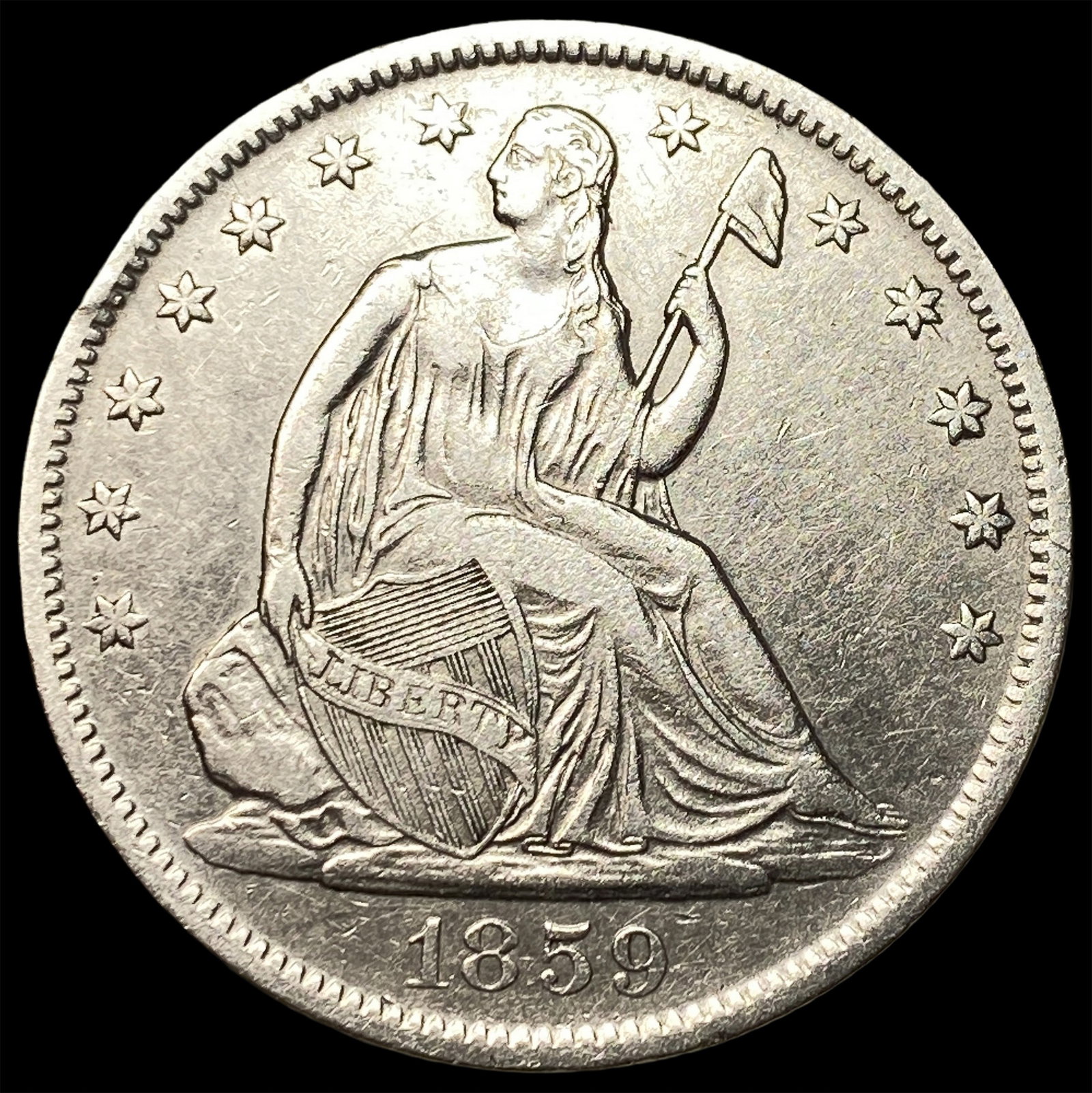 1859-O Silver Seated Liberty Half Dollar NEARLY UNCIRCULATED: 1859-O Silver Seated Liberty Half Dollar NEARLY UNCIRCULATED