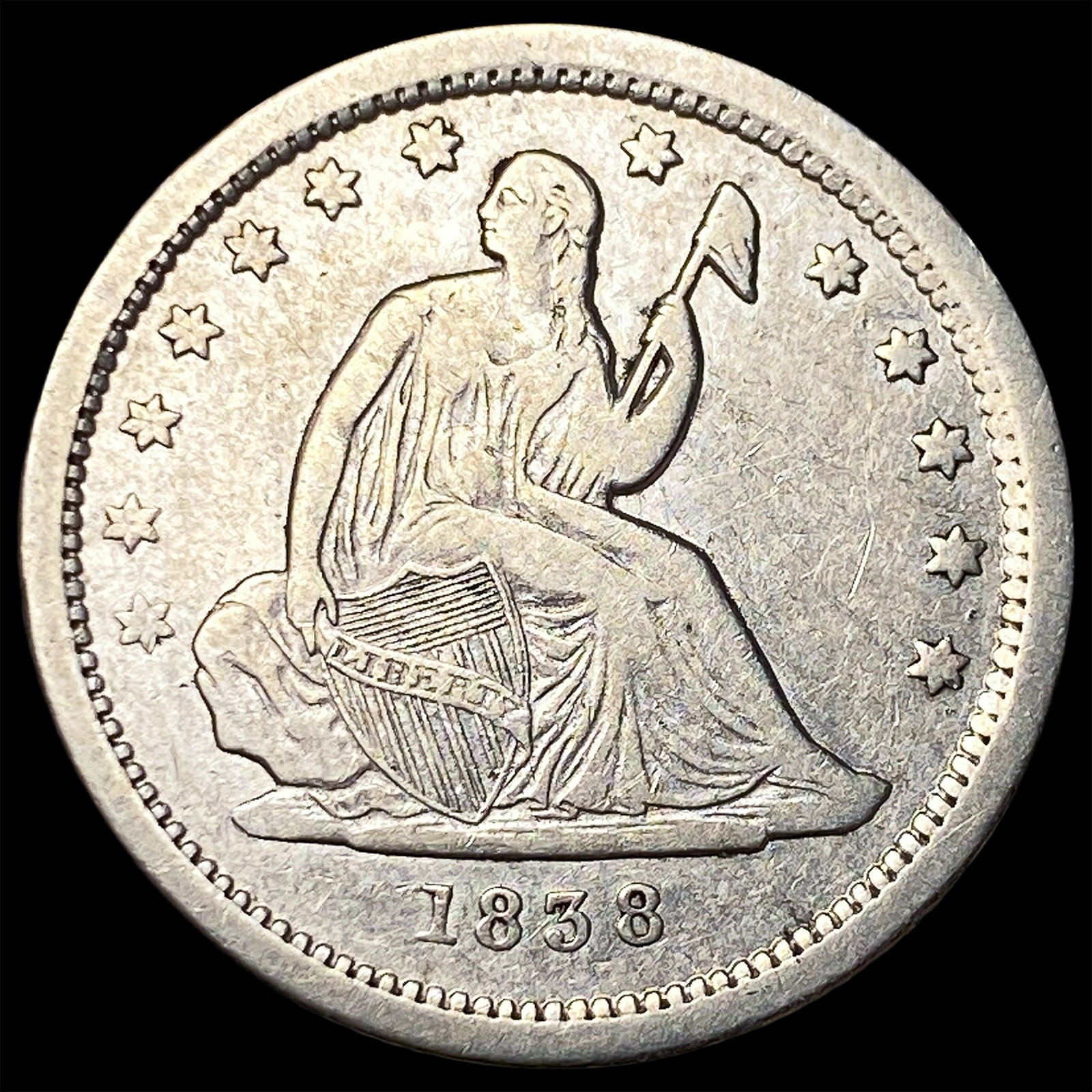 1838 Silver Seated Liberty Quarter NEARLY UNCIRCULATED: 1838 Silver Seated Liberty Quarter NEARLY UNCIRCULATED
