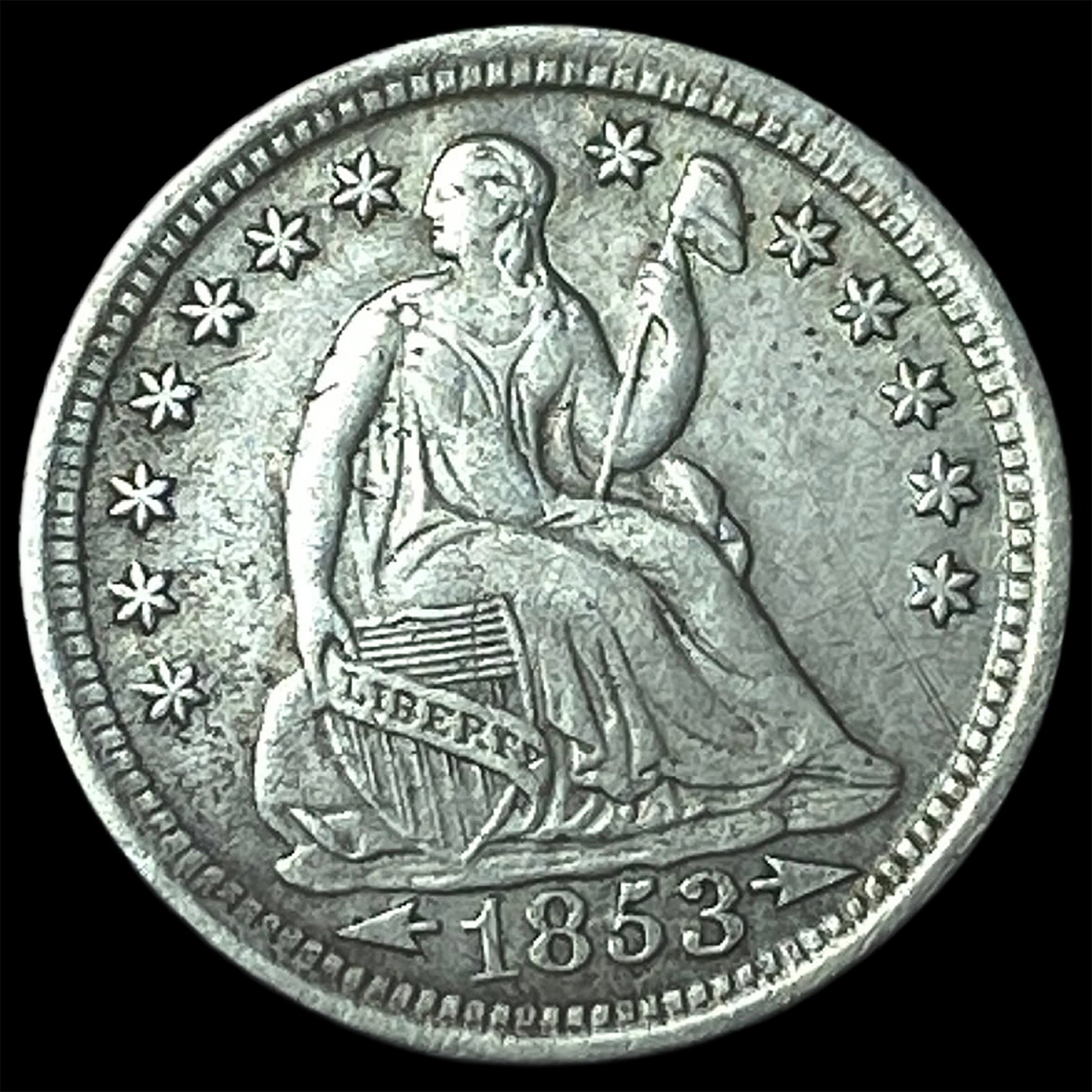 1853 Arrows Seated Liberty Half Dime NEARLY UNCIRCULATED: 1853 Arrows Seated Liberty Half Dime NEARLY UNCIRCULATED