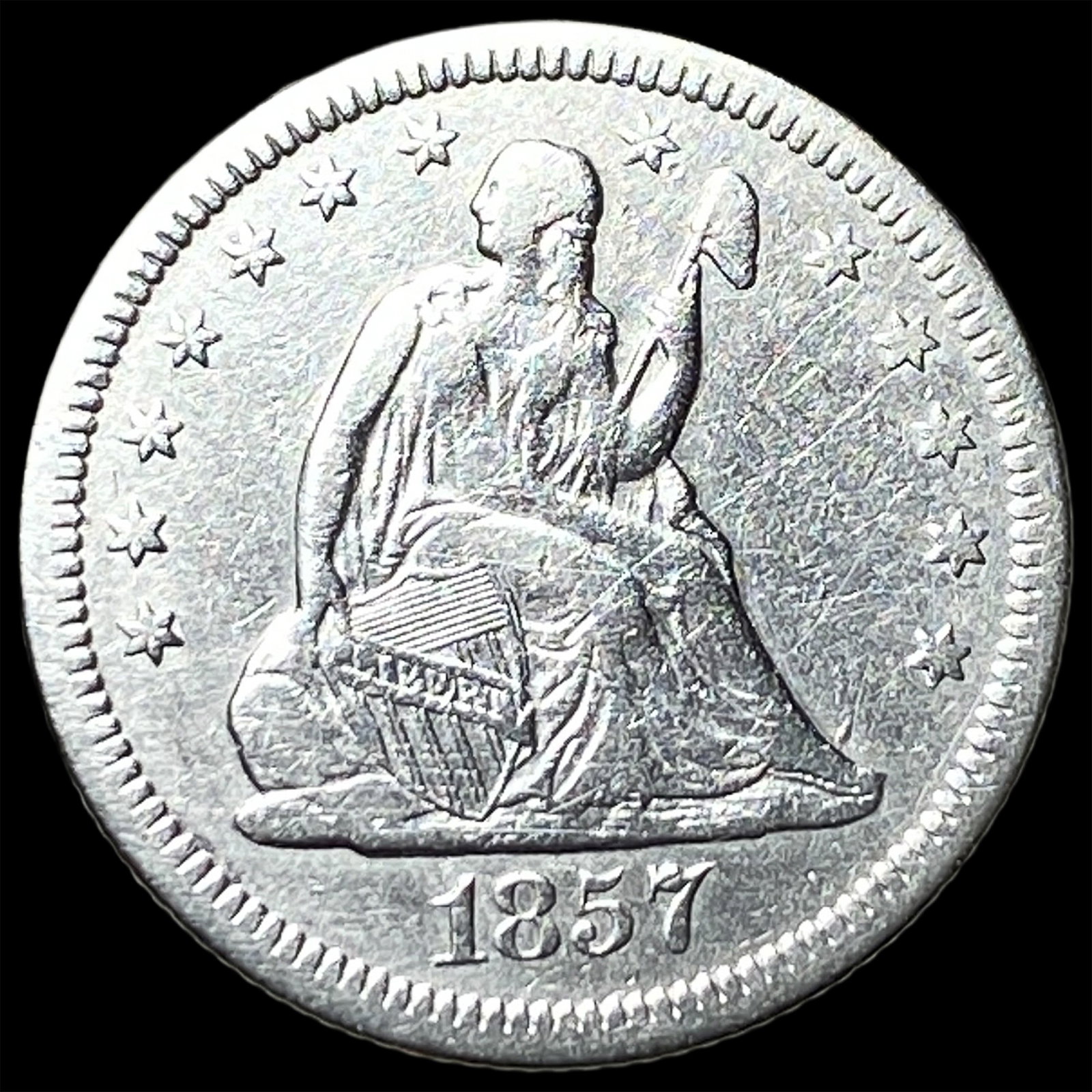 1857-O Silver Seated Liberty Quarter CLOSELY UNCIRCULATED: 1857-O Silver Seated Liberty Quarter CLOSELY UNCIRCULATED