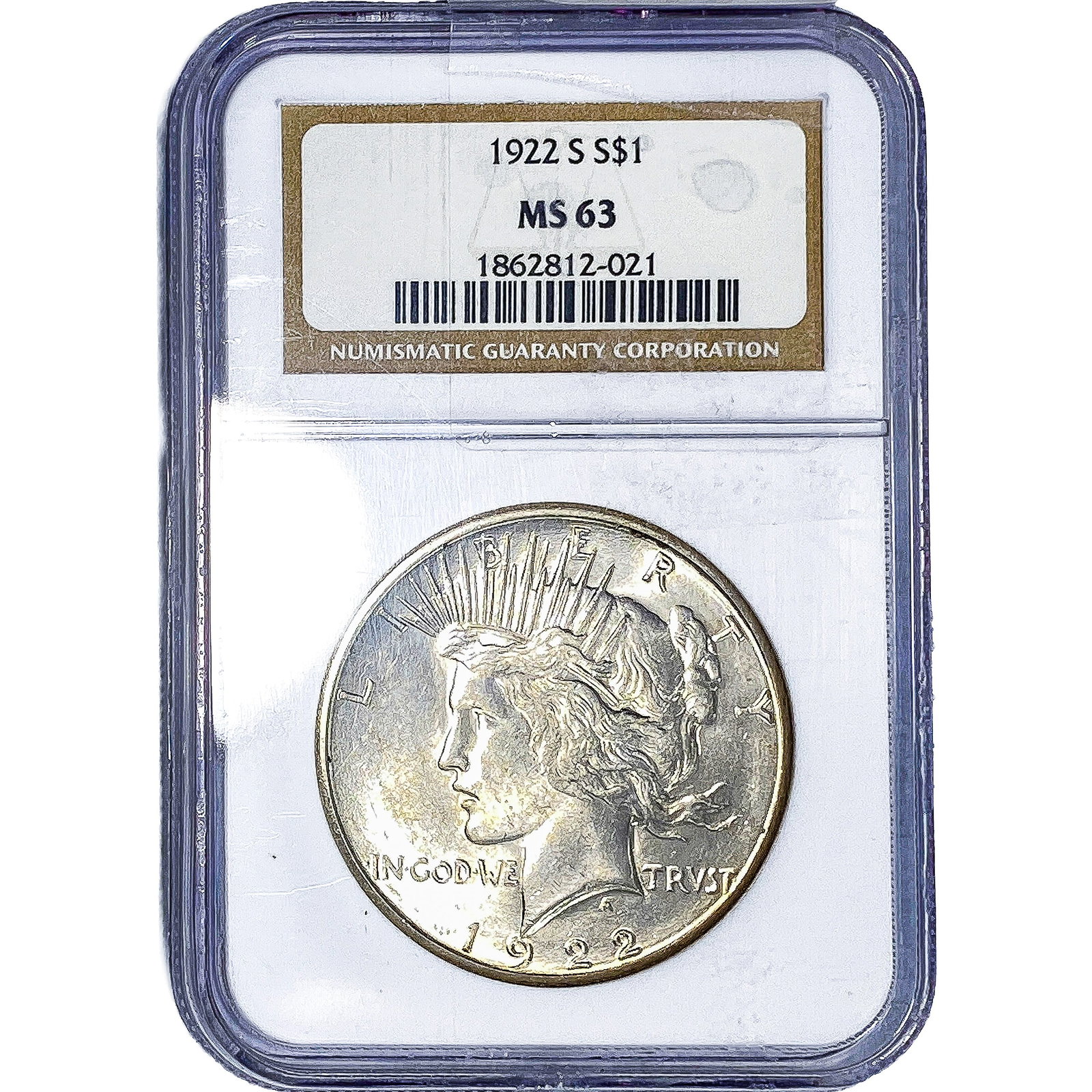 1922-S Silver Peace Dollar NGC MS63: 1922-S Silver Peace Dollar NGC MS63