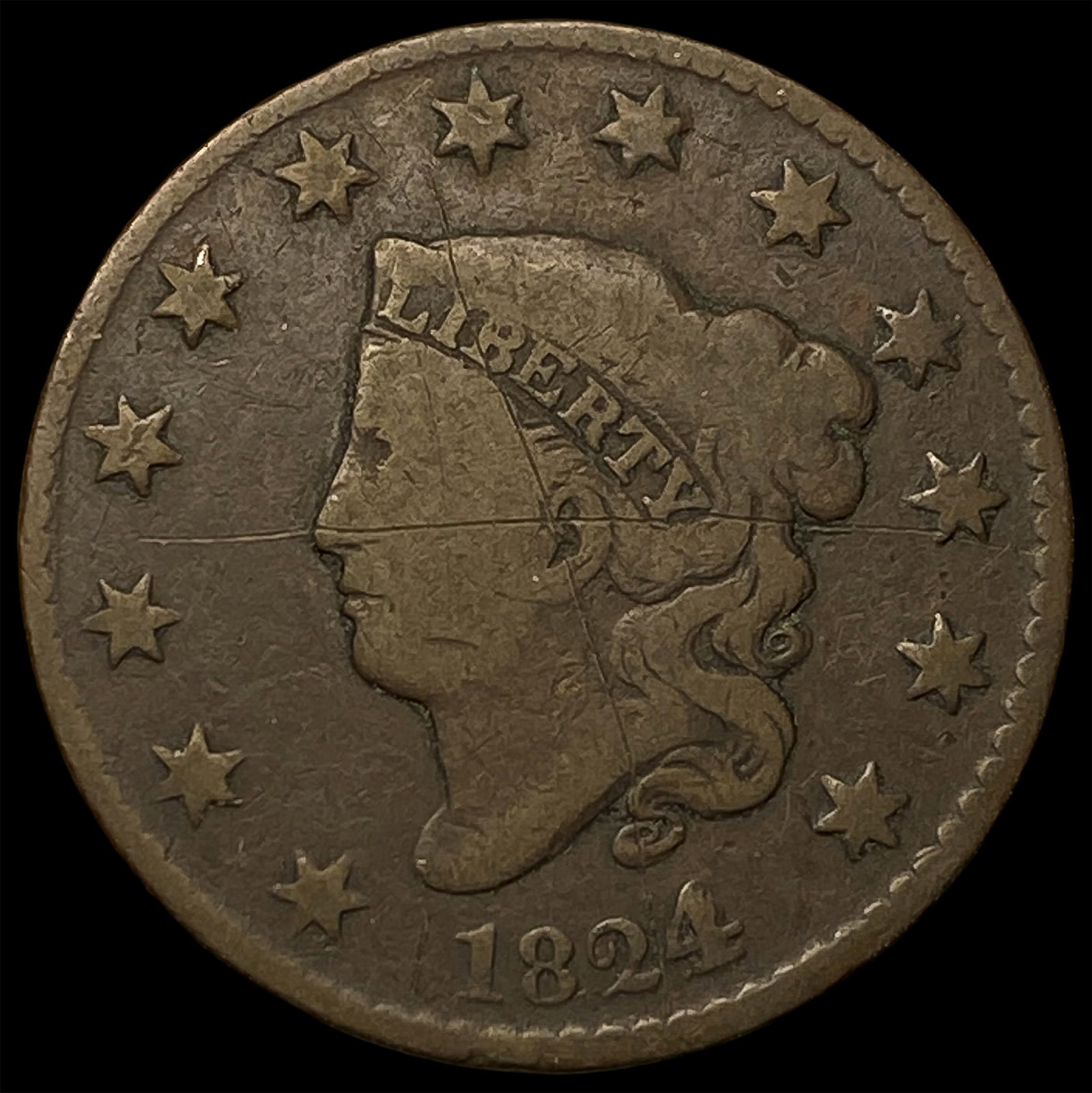 1824 Coronet Head Large Cent NICELY CIRCULATED: 1824 Coronet Head Large Cent NICELY CIRCULATED