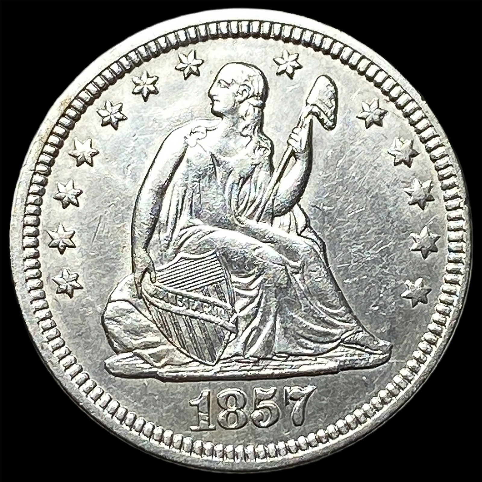 1857 Silver Seated Liberty Quarter CLOSELY UNCIRCULATED: 1857 Silver Seated Liberty Quarter CLOSELY UNCIRCULATED