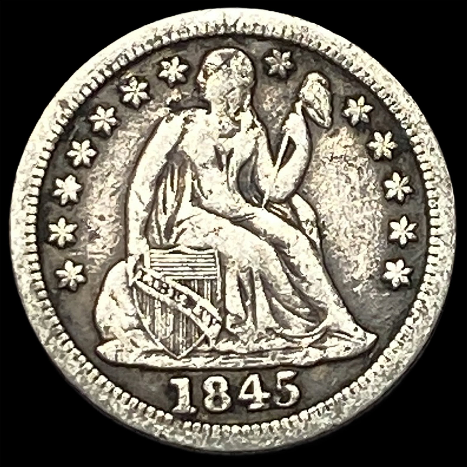 1845 Silver Seated Liberty Dime ABOUT UNCIRCULATED: 1845 Silver Seated Liberty Dime ABOUT UNCIRCULATED