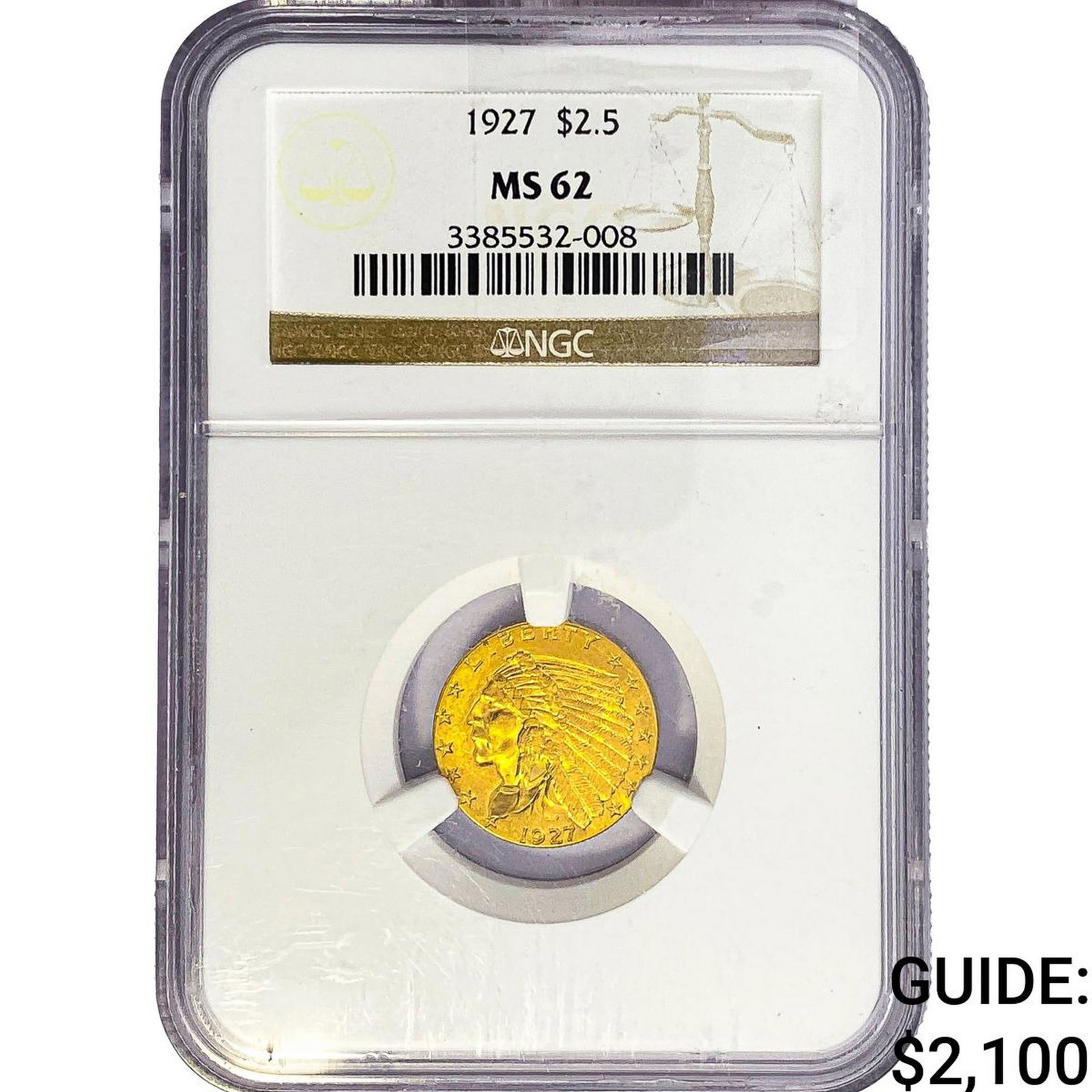 1927 $2.50 Gold Quarter Eagle NGC MS62: 1927 $2.50 Gold Quarter Eagle NGC MS62