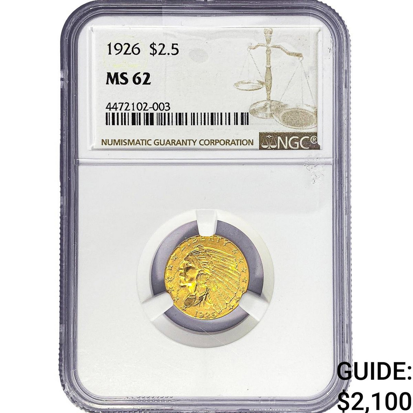 1926 $2.50 Gold Quarter Eagle NGC MS62: 1926 $2.50 Gold Quarter Eagle NGC MS62