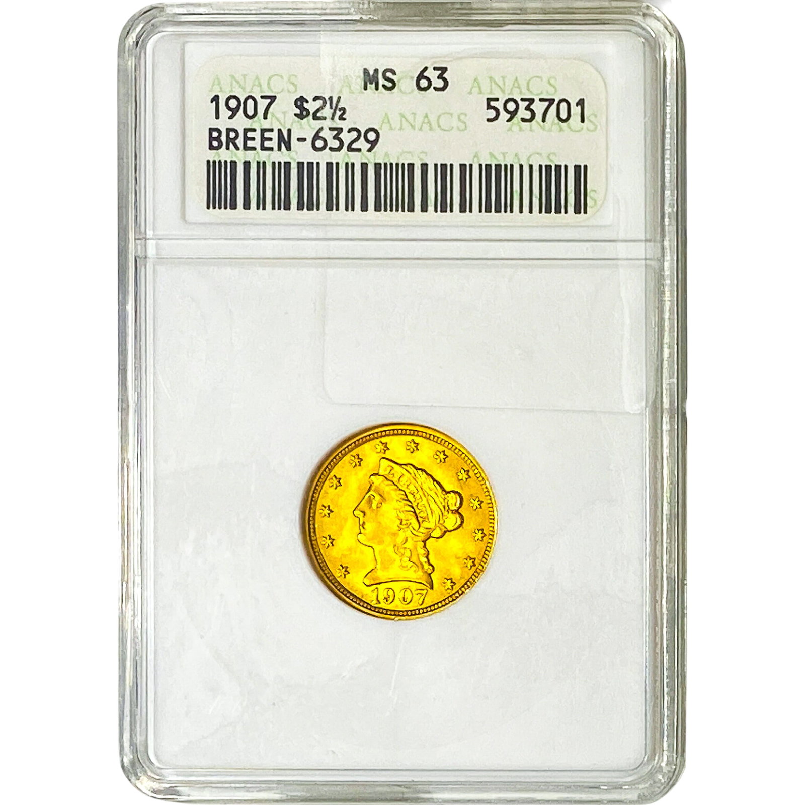 1907 $2.50 Gold Quarter Eagle ANACS MS63: 1907 $2.50 Gold Quarter Eagle ANACS MS63