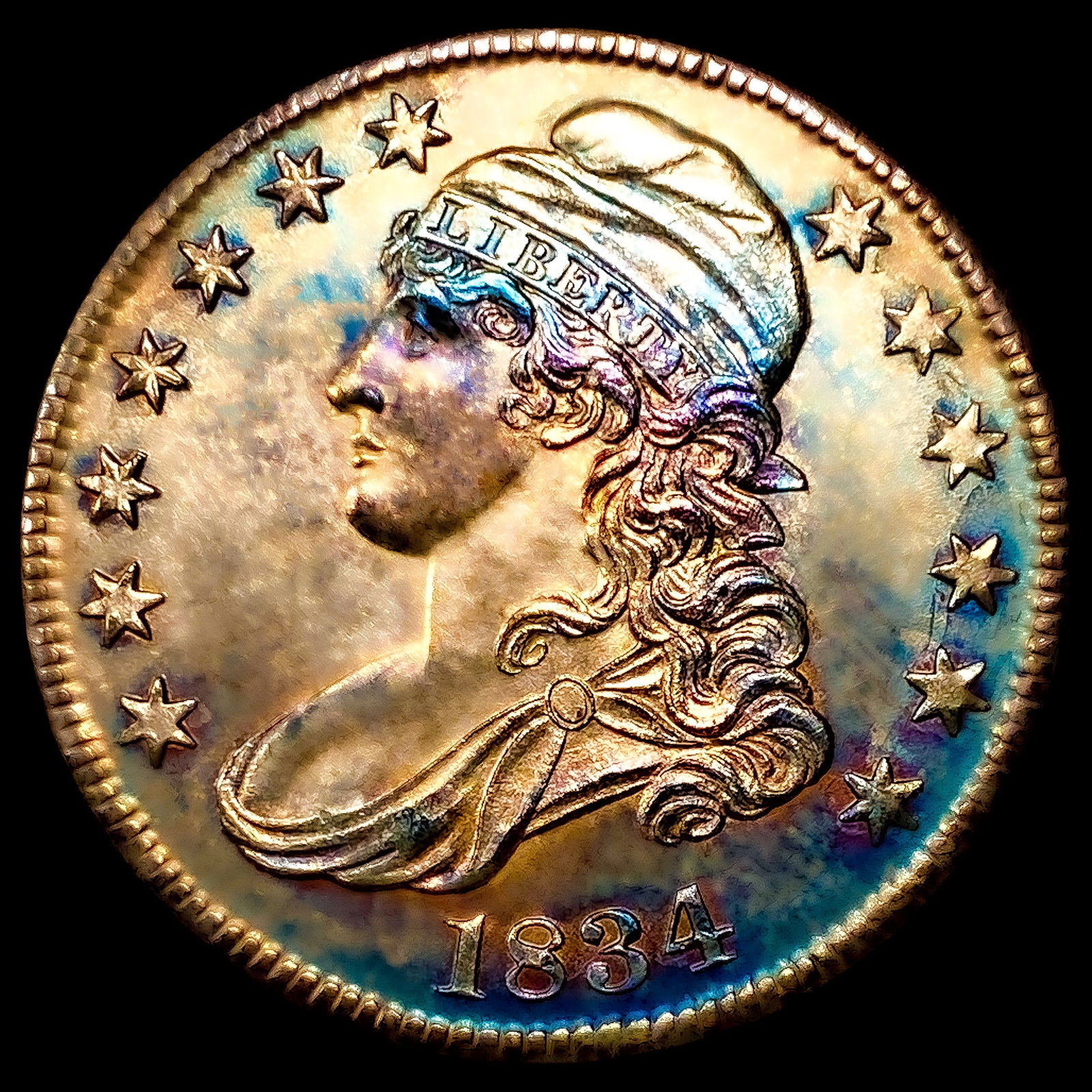 1834 Lg Dt, Sm Let O-108 Capped Bust Half Dollar (1 of 2)