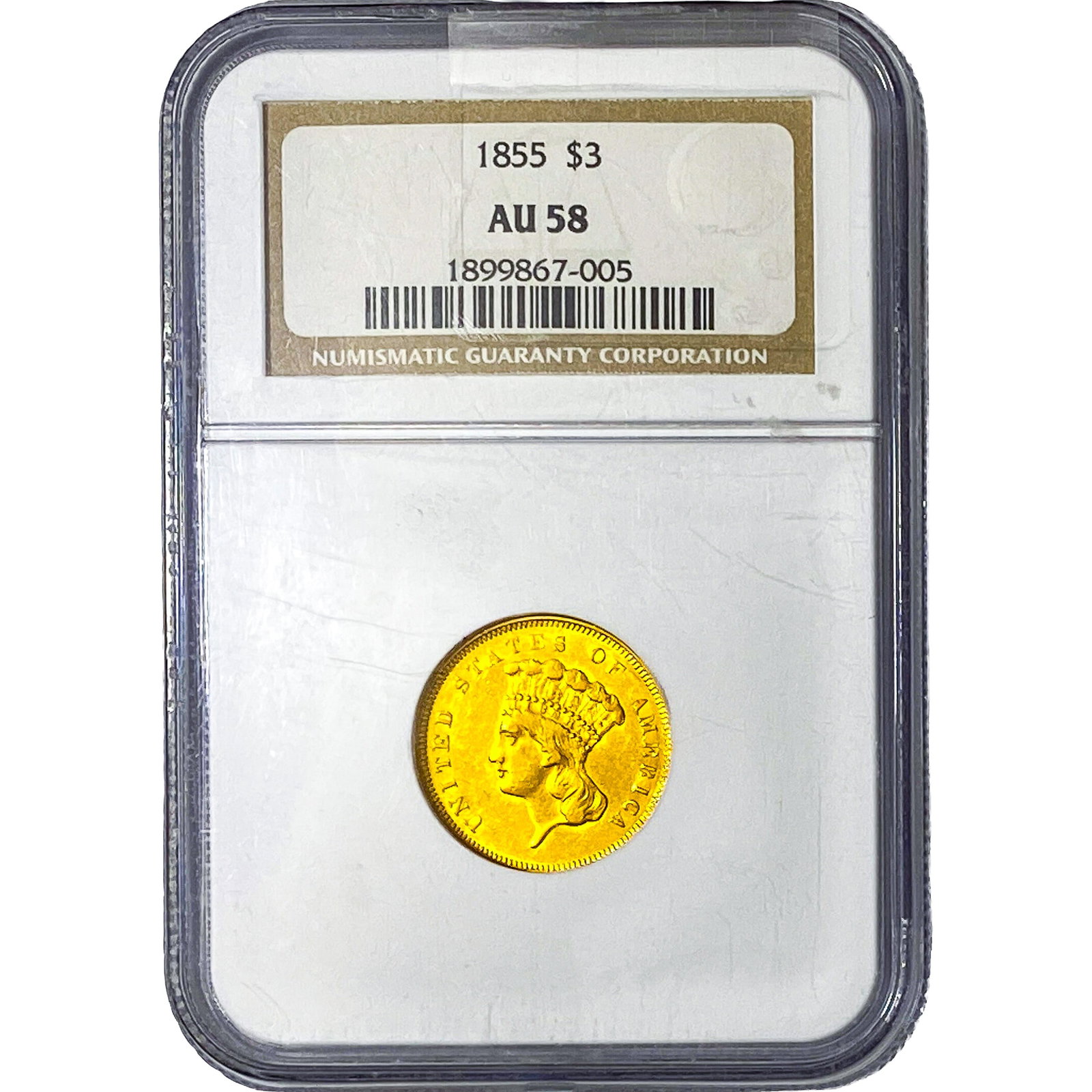 1855 $3 Gold Piece NGC AU58: 1855 $3 Gold Piece NGC AU58