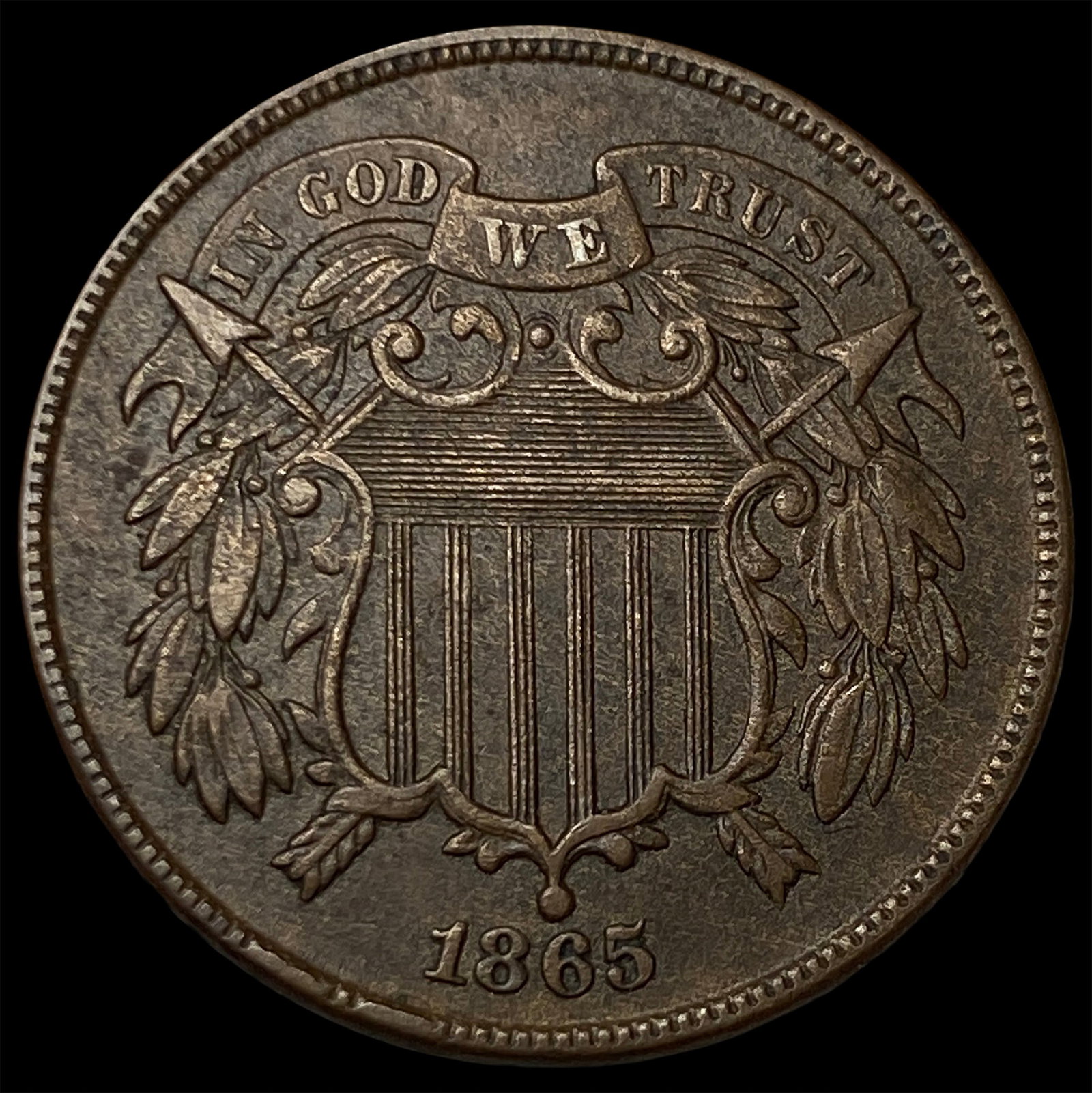 1865 Copper Two-Cent Piece NEARLY UNCIRCULATED: 1865 Copper Two-Cent Piece NEARLY UNCIRCULATED