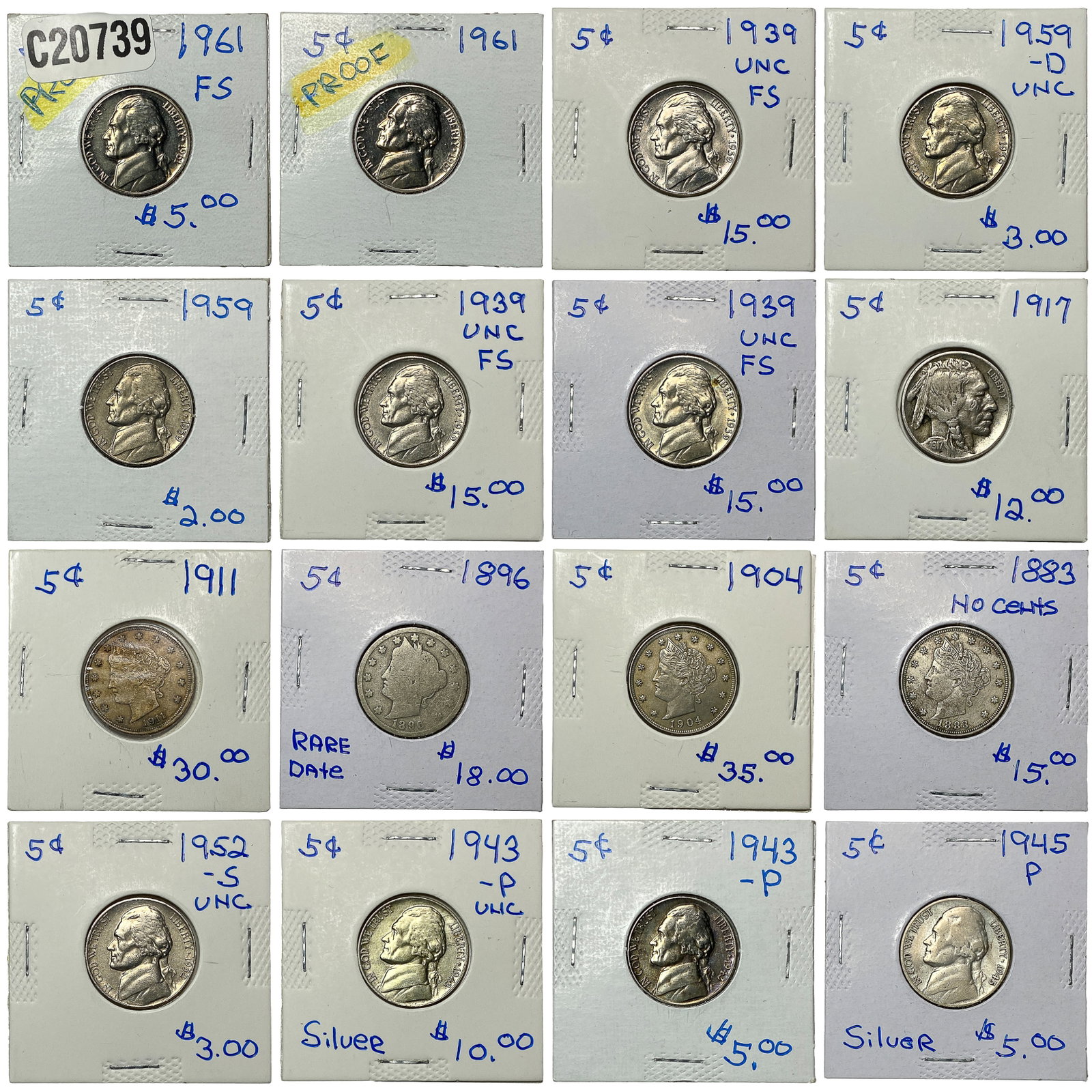 [16 Coins] 1883-1961 U.S. 5C Coin Lot (1 of 2)