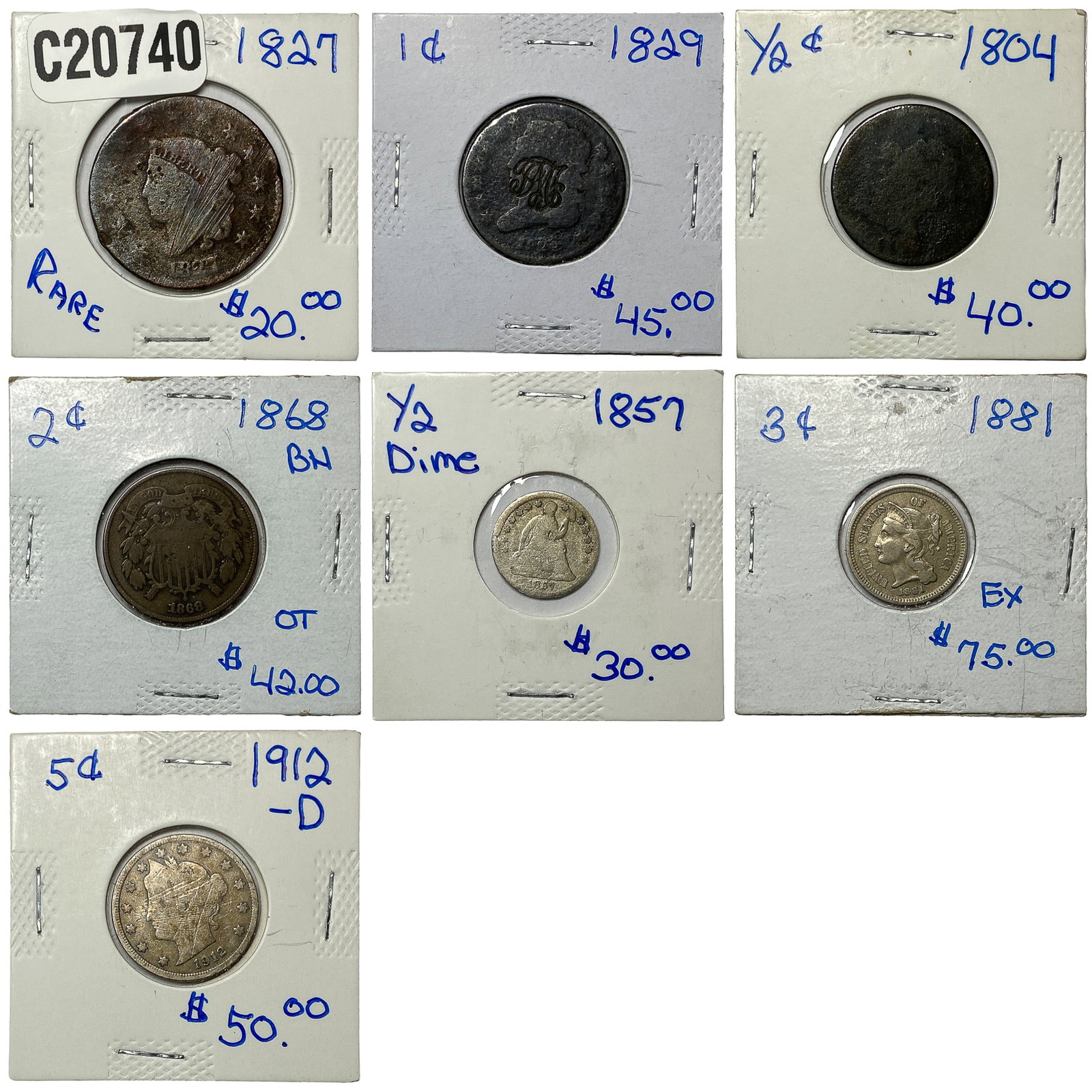 [7 Coins] 1804-1881 U.S. Mixed Coin Lot 1/2C-5C (1 of 2)