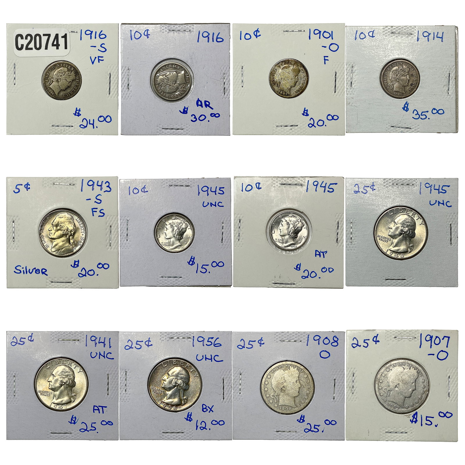 [12 Coins] 1907-1956 U.S. Coin Lot 5C-25C (1 of 2)