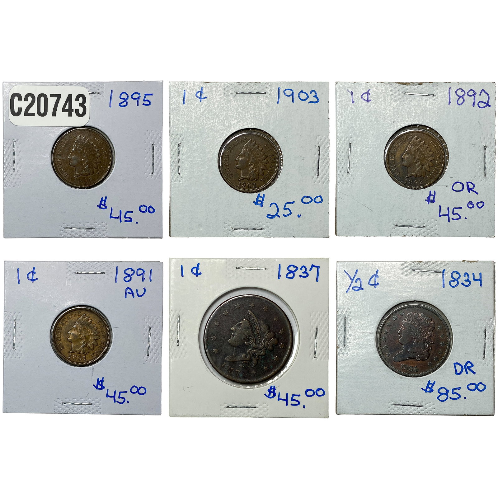 [6 Coins] 1834-1903 U.S. Coin Lot 1/2C, LC, 1C (1 of 2)