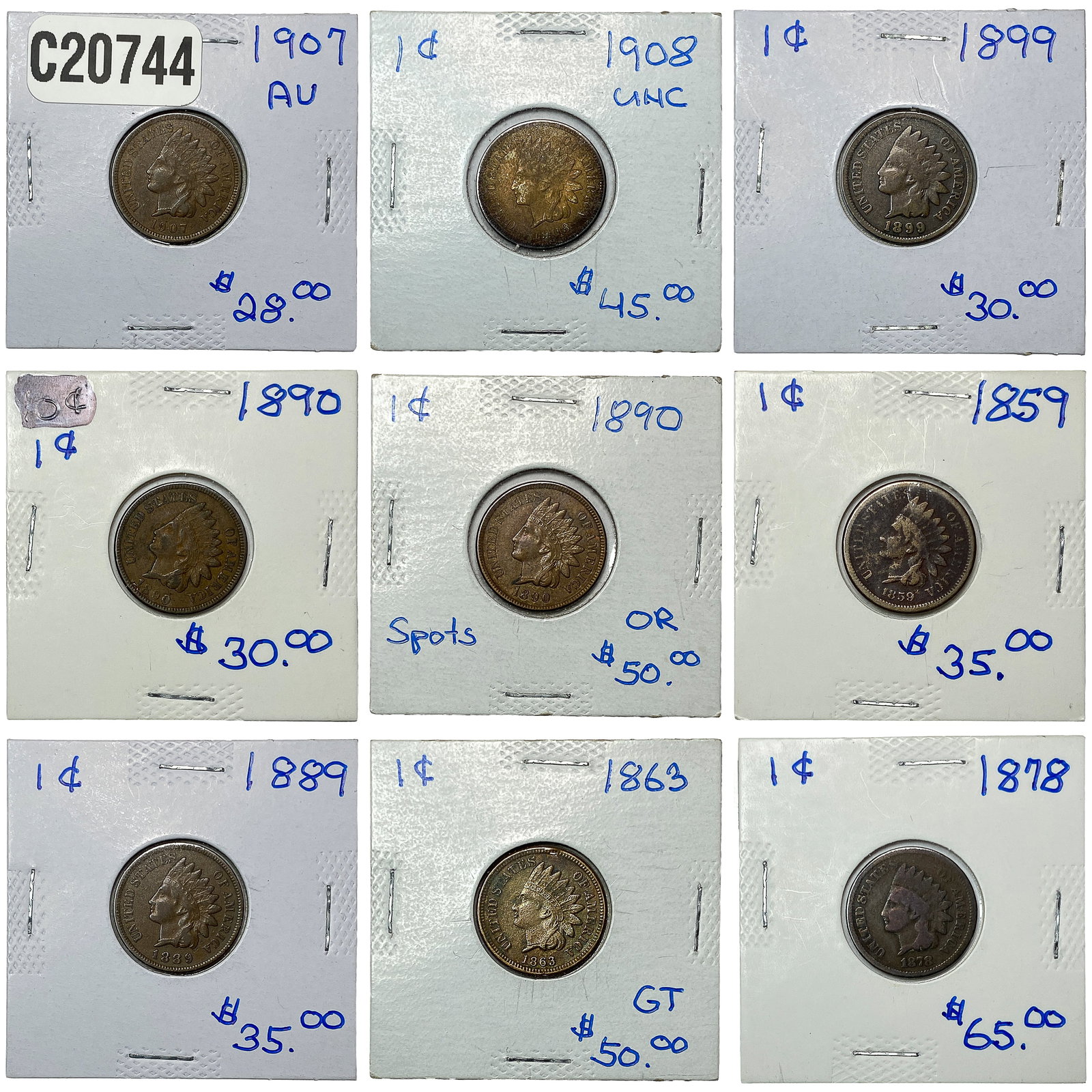 [9 Coins] 1859-1908 U.S. 1C Coin Lot: [9 Coins] 1859-1908 U.S. 1C Coin Lot