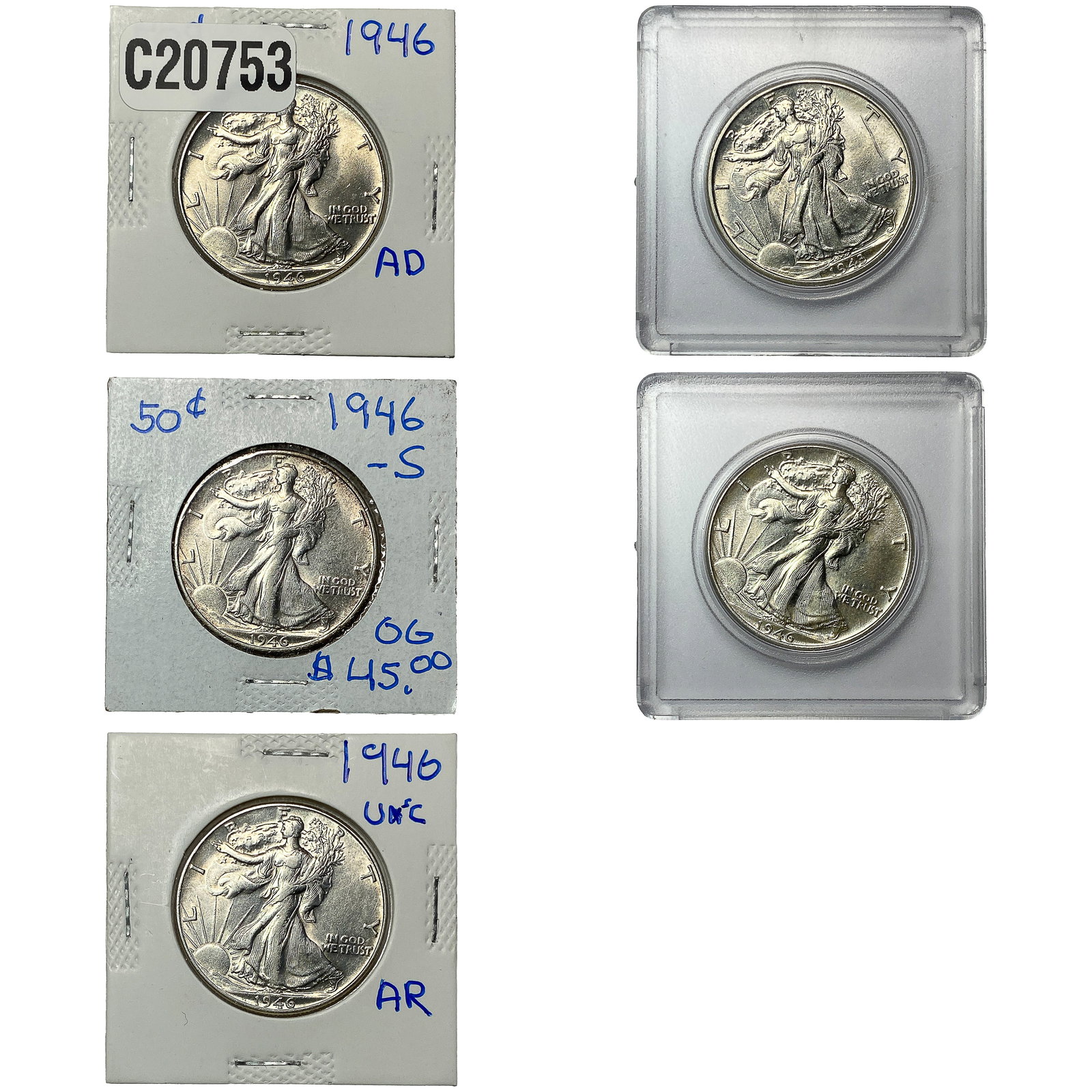 [5 Coins] 1943-1946 Walking Liberty Half Dollar (1 of 2)