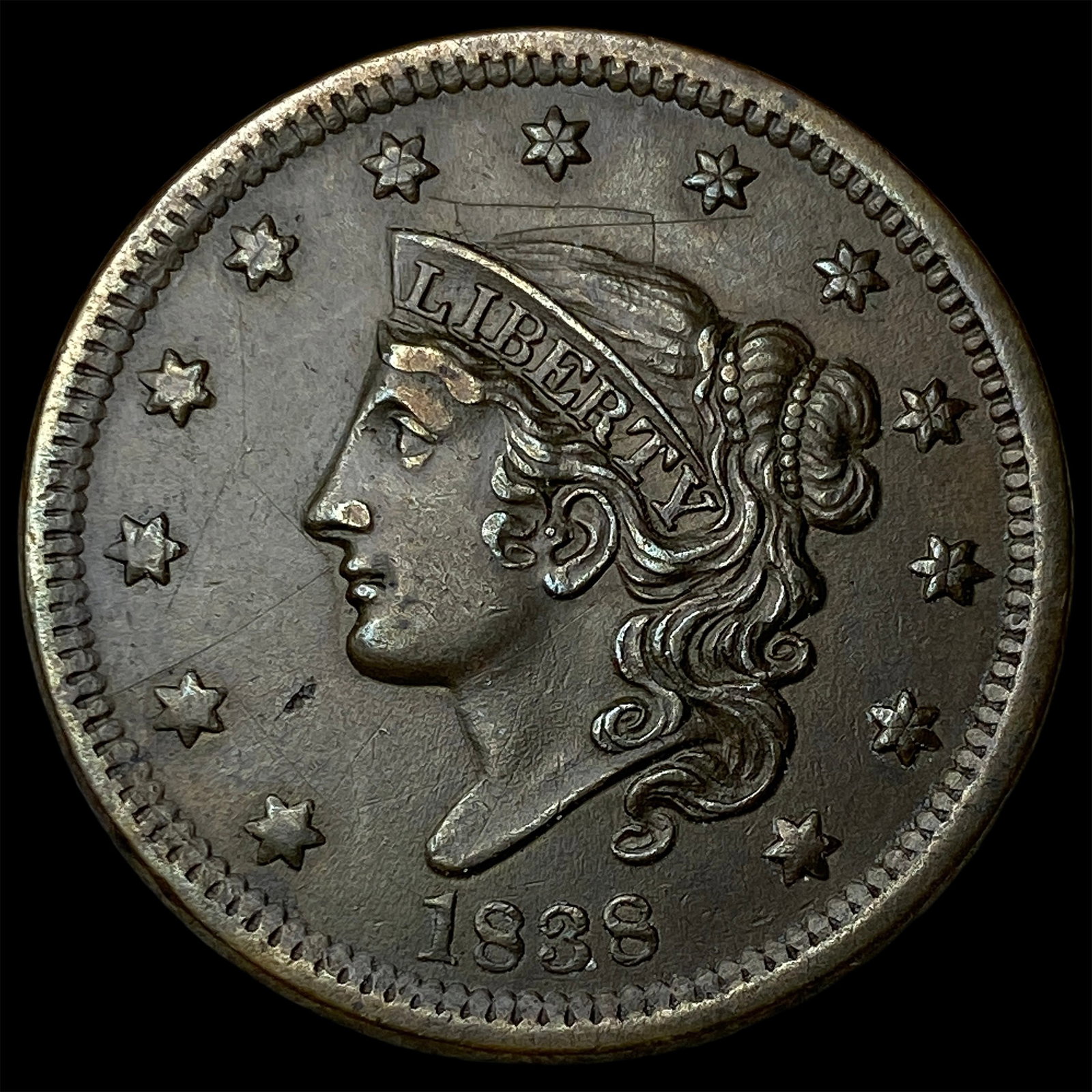 1838 Coronet Head Large Cent CLOSELY UNCIRCULATED: 1838 Coronet Head Large Cent CLOSELY UNCIRCULATED