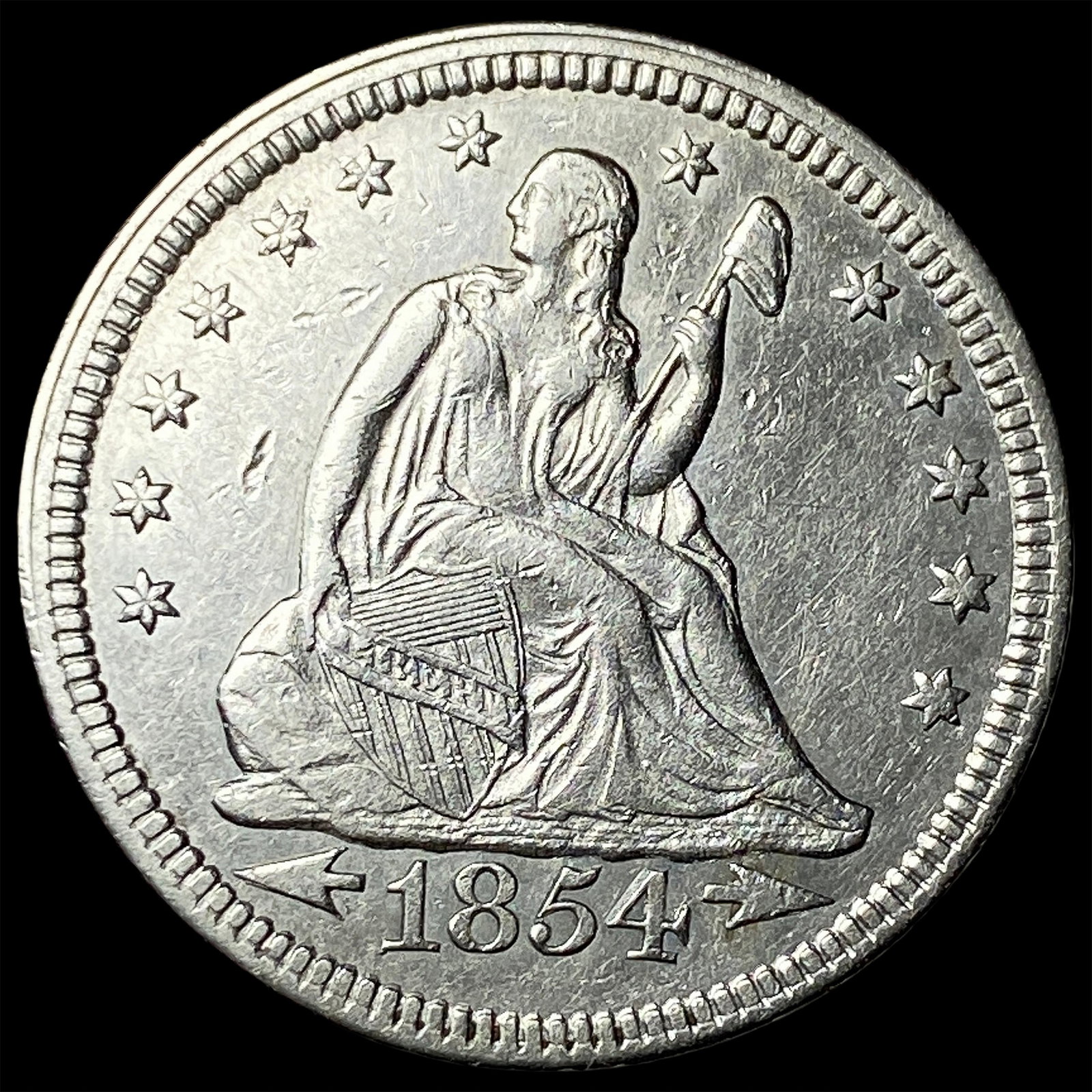 1854 Arrows Seated Liberty Quarter CLOSELY UNCIRCULATED: 1854 Arrows Seated Liberty Quarter CLOSELY UNCIRCULATED