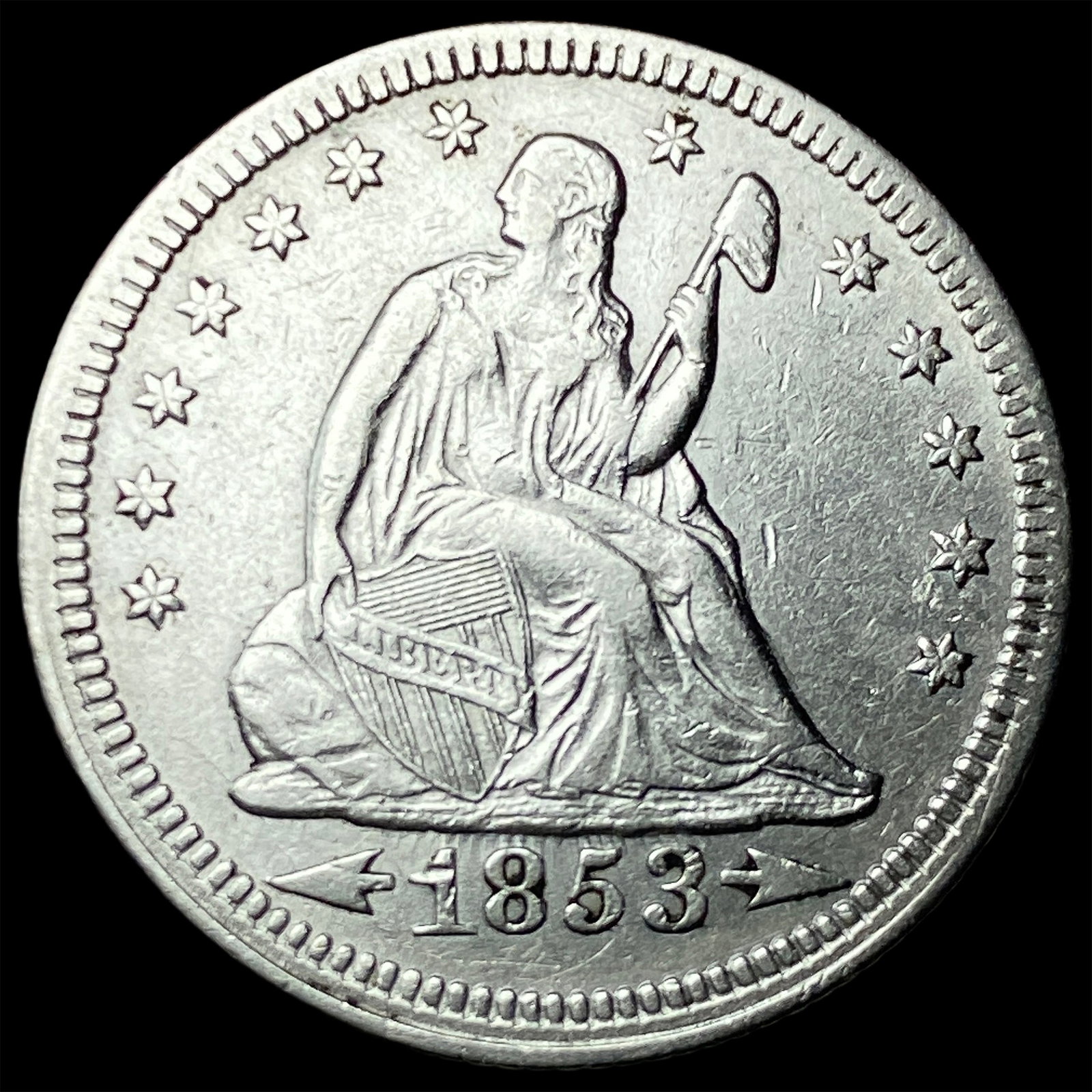 1853 Arrows/Rays Seated Liberty Quarter CLOSELY UNCIRCULATED: 1853 Arrows/Rays Seated Liberty Quarter CLOSELY UNCIRCULATED