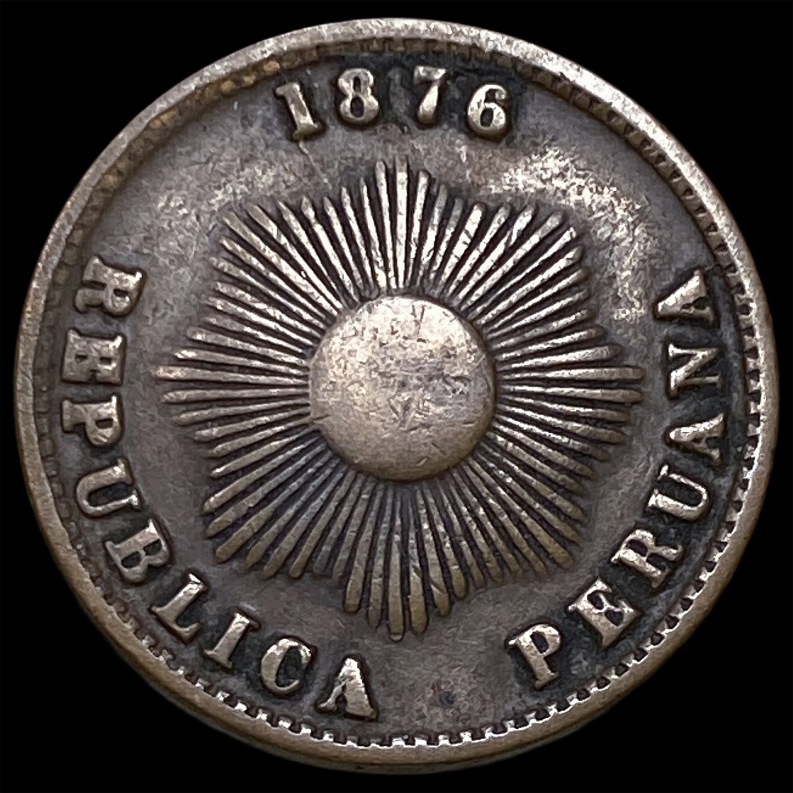 1876 Peru Brass 1 Centavo: 1876 Peru Brass 1 Centavo