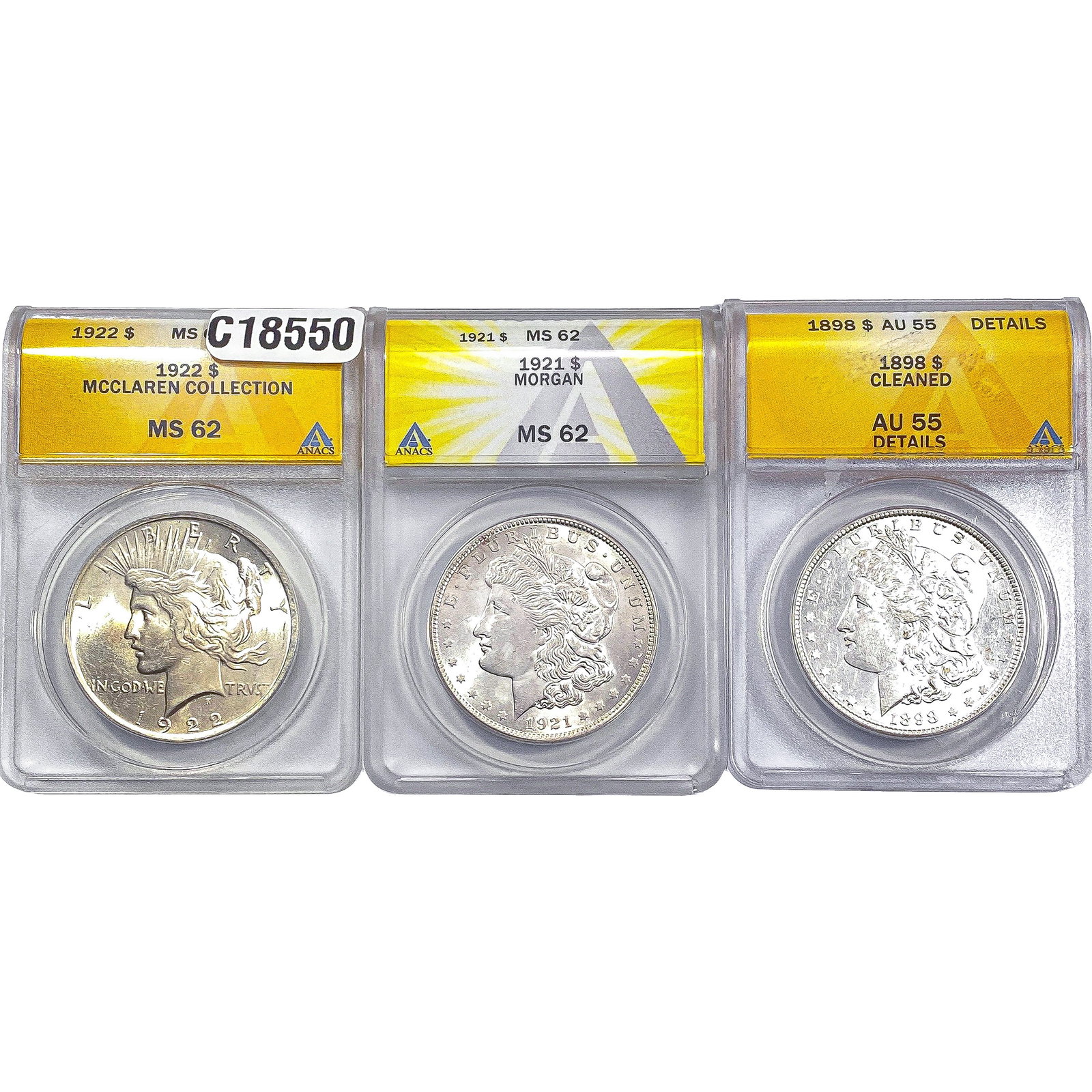 [3 Coins] 1898-1922 Morgan $1S $ Peace $1 ANACS AU/MS55-62 (1 of 2)