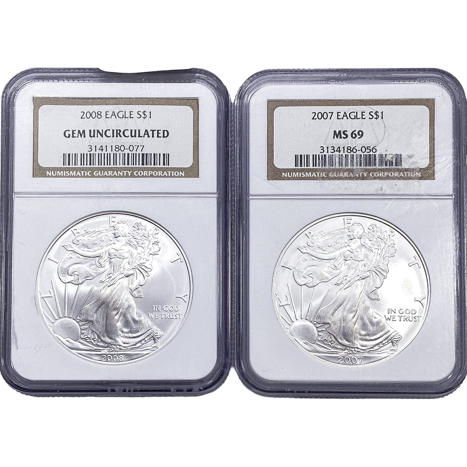 [2 Coins] 2007-2008 Silver Eagle NGC MS69: [2 Coins] 2007-2008 Silver Eagle NGC MS69