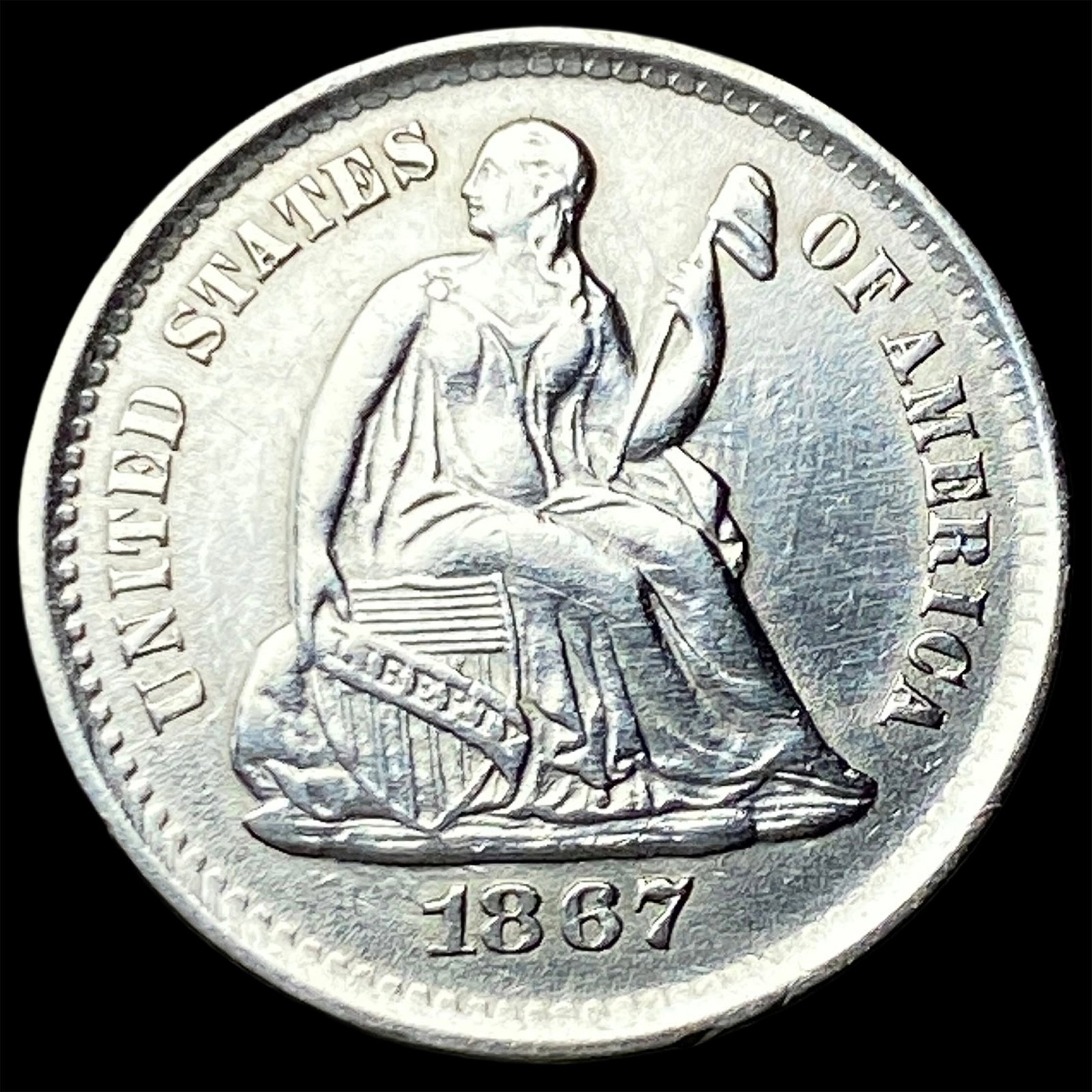 1867-S Silver Seated Liberty Half Dime CLOSELY UNCIRCULATED: 1867-S Silver Seated Liberty Half Dime CLOSELY UNCIRCULATED