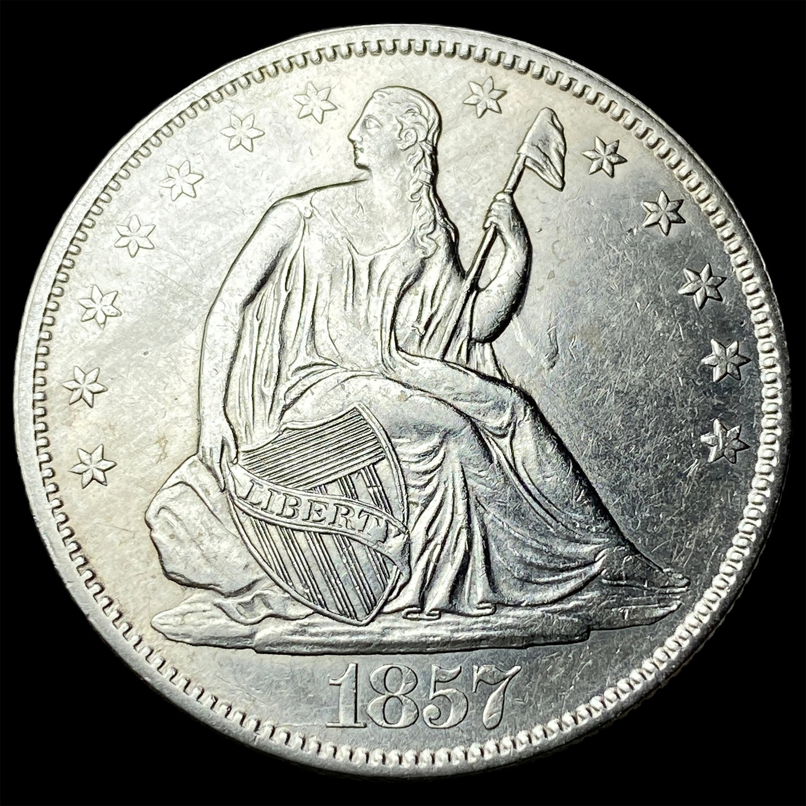 1857 Silver Seated Liberty Half Dollar CLOSELY UNCIRCULATED: 1857 Silver Seated Liberty Half Dollar CLOSELY UNCIRCULATED