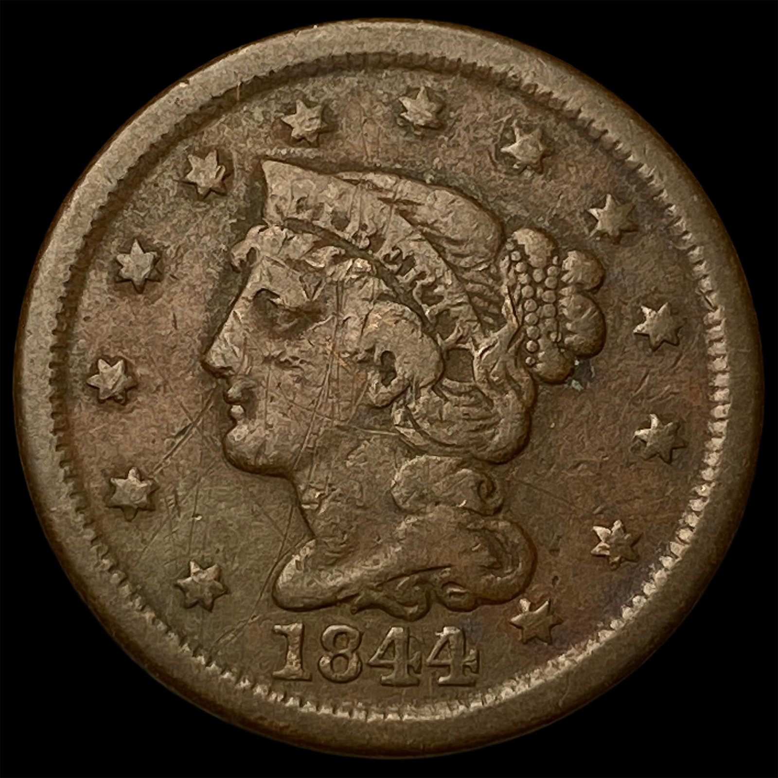 1844 Braided Hair Large Cent LIGHTLY CIRCULATED: 1844 Braided Hair Large Cent LIGHTLY CIRCULATED