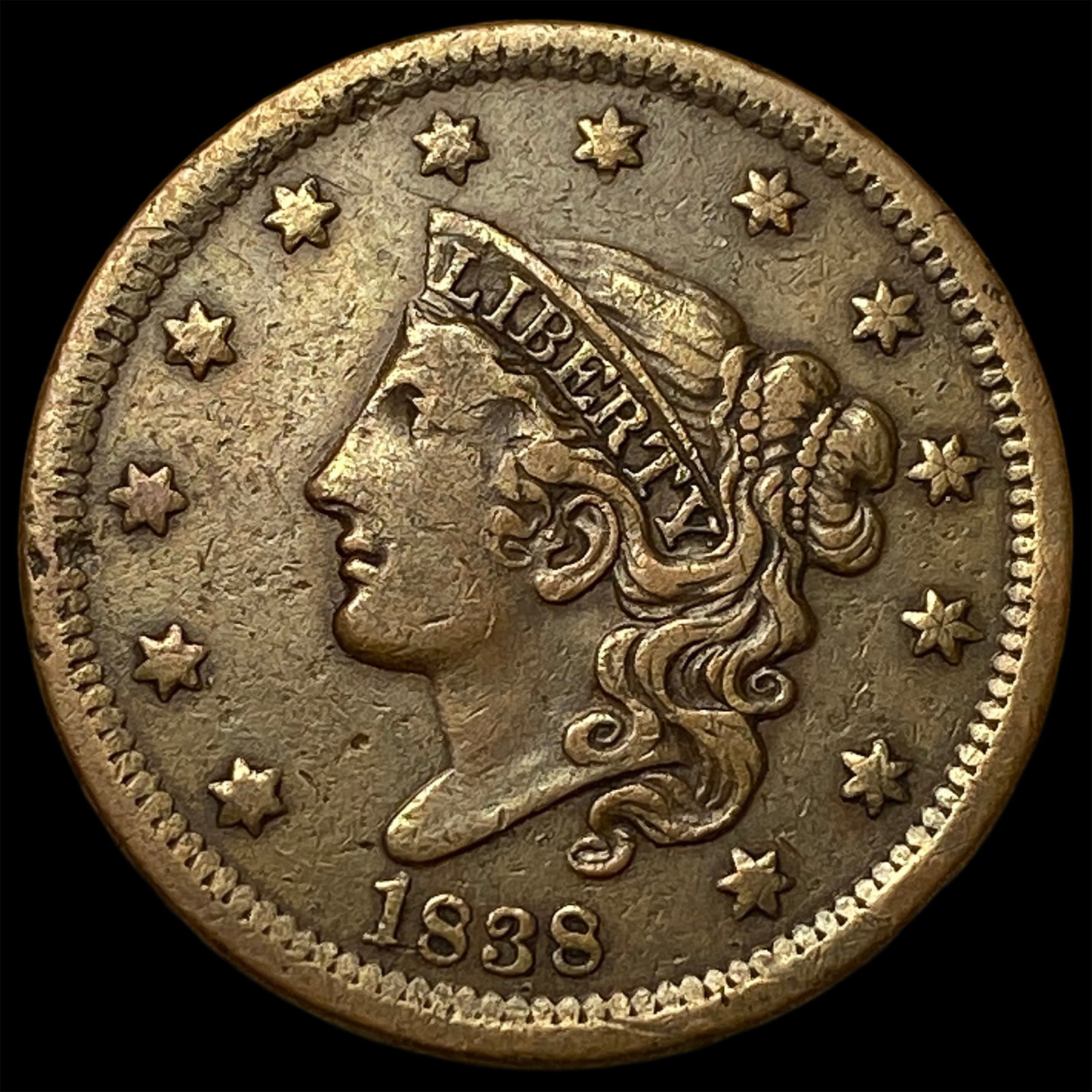 1838 Coronet Head Large Cent NEARLY UNCIRCULATED: 1838 Coronet Head Large Cent NEARLY UNCIRCULATED