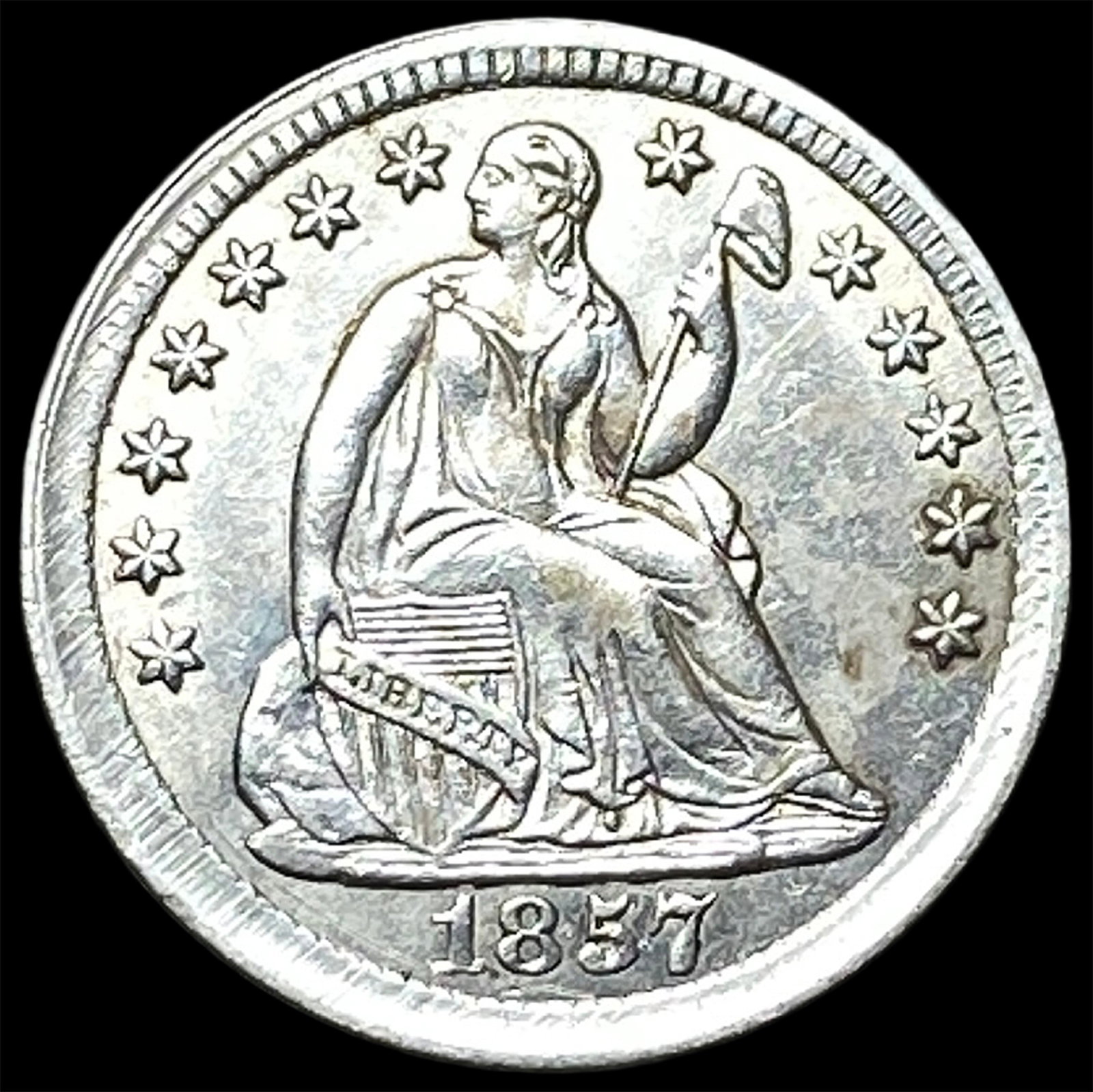 1857 Silver Seated Liberty Half Dime CHOICE AU: 1857 Silver Seated Liberty Half Dime CHOICE AU