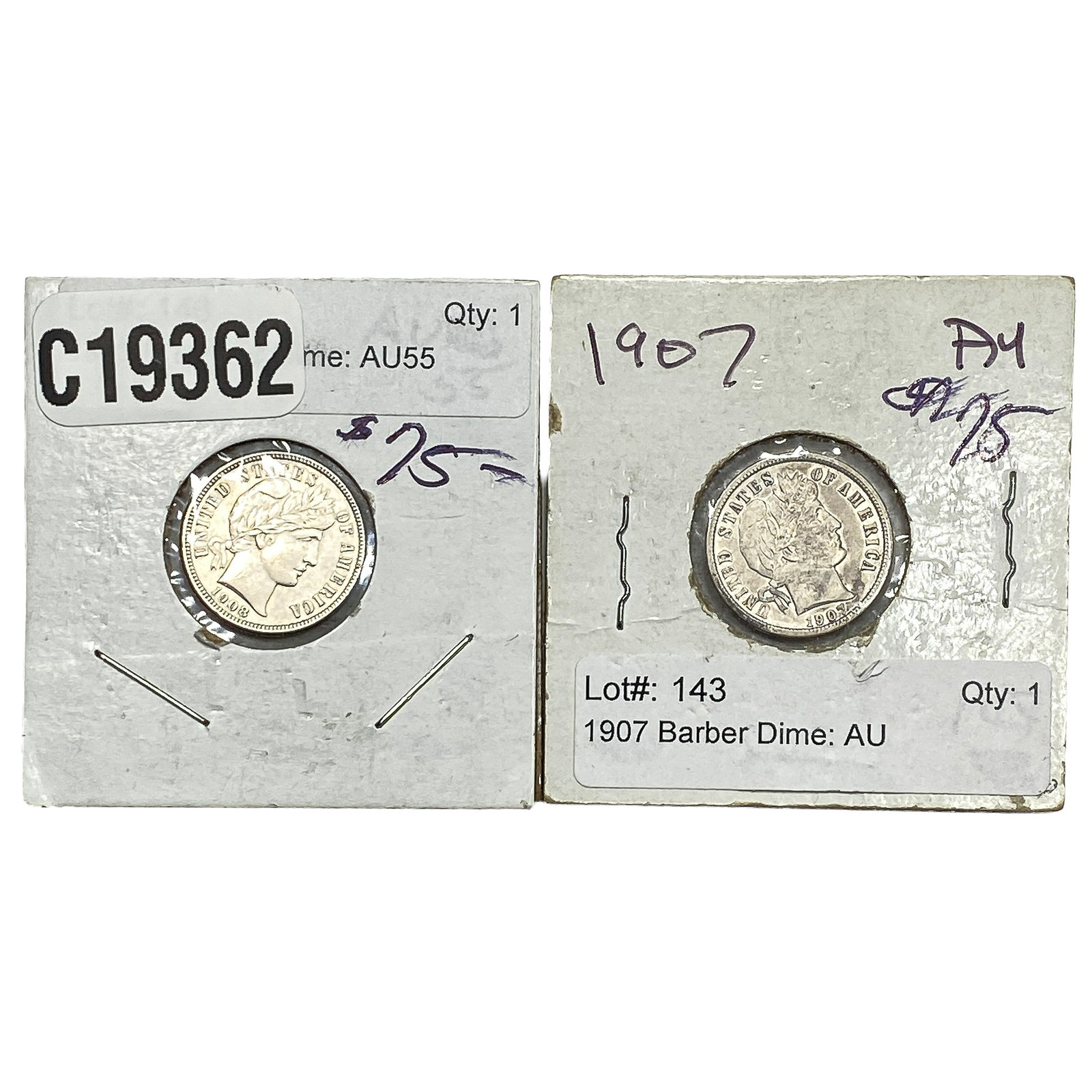 [2 Coins] 1907-1908 Barber Dime (1 of 2)