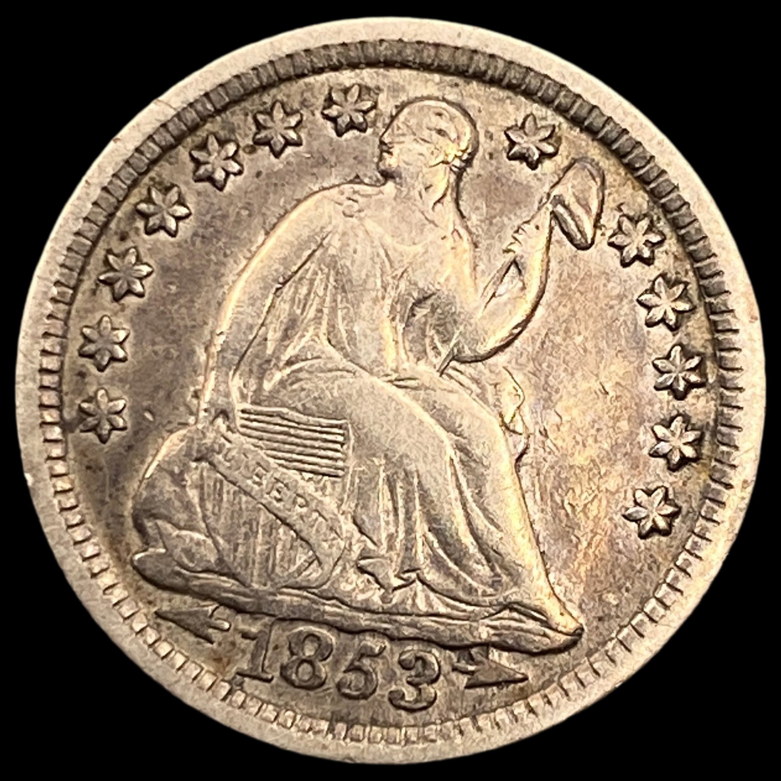 1853 Arrows Seated Liberty Half Dime NEARLY UNCIRCULATED: 1853 Arrows Seated Liberty Half Dime NEARLY UNCIRCULATED