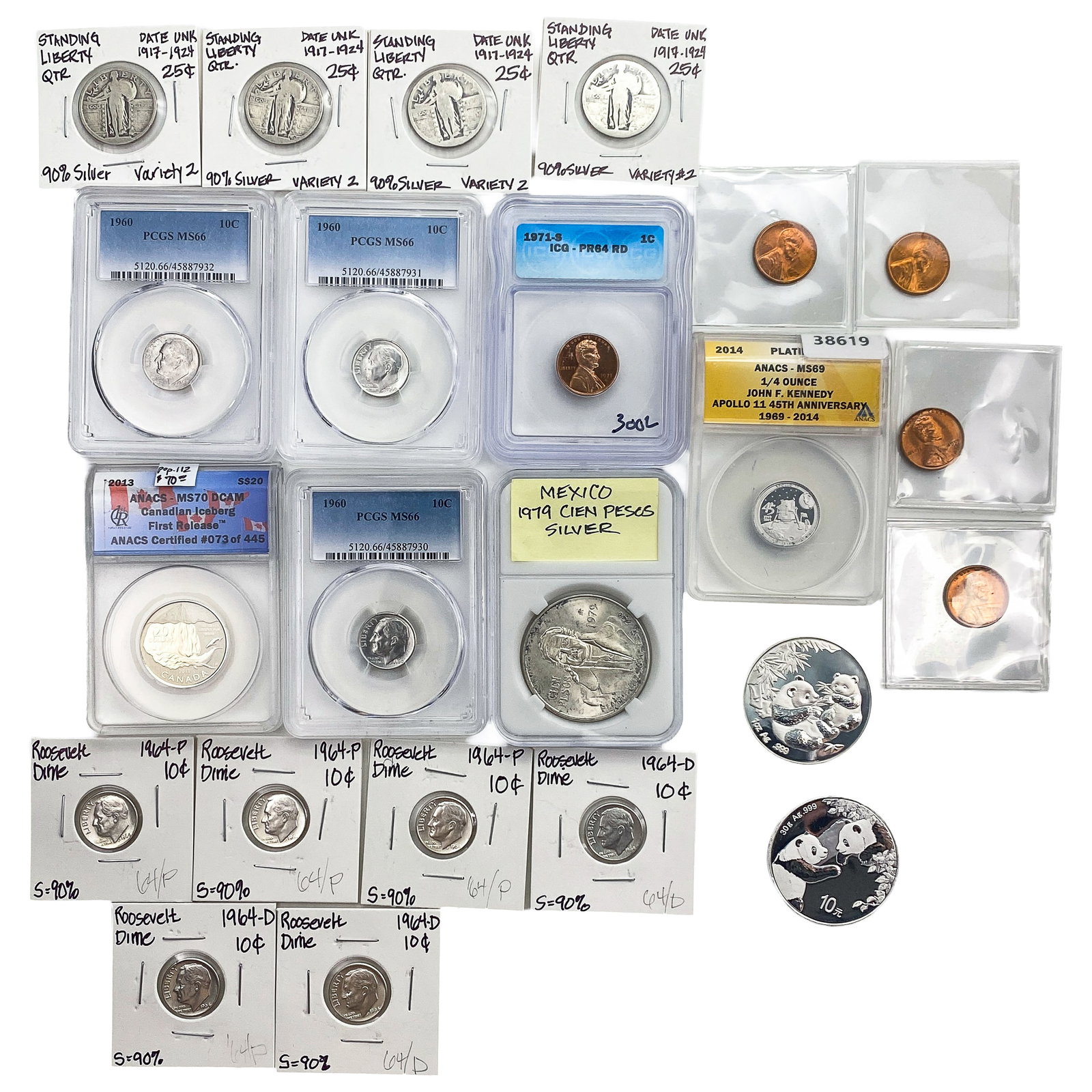 [23 Coins] 1960-2023 Mixed U.S. Coin Lot 1C-25C w/ Silver Can., Mex. & China $1s (1 of 2)