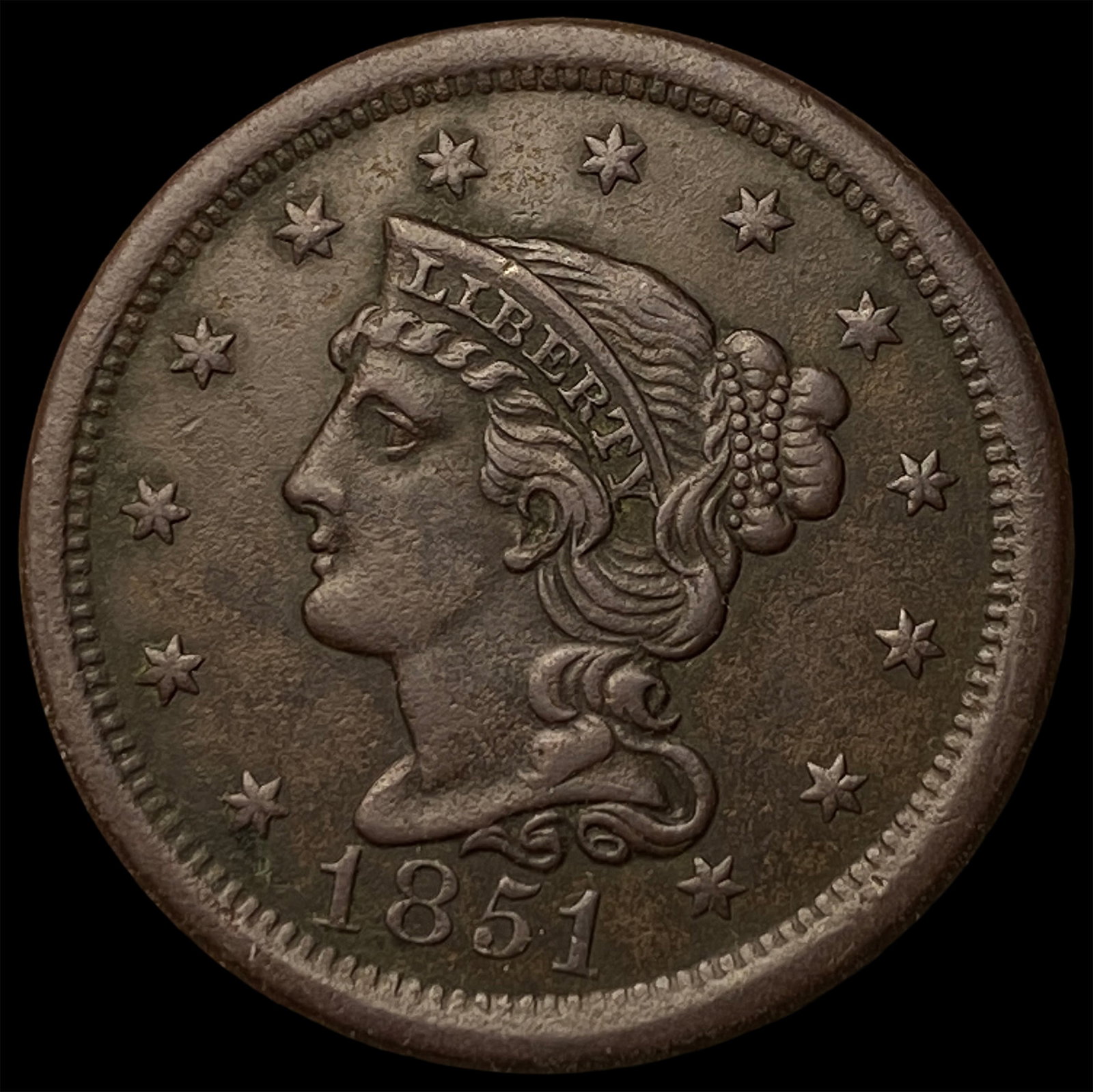 1851 Braided Hair Large Cent CHOICE AU: 1851 Braided Hair Large Cent CHOICE AU