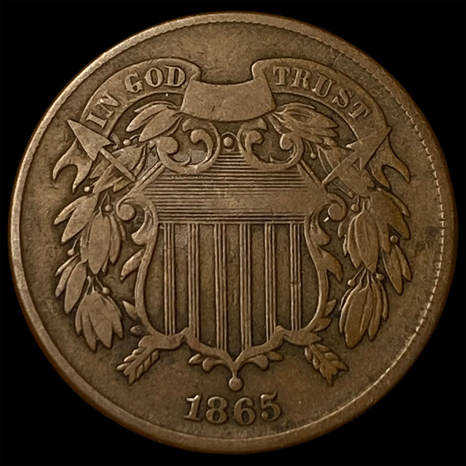 1865 Bronze Two-Cent Piece NEARLY UNCIRCULATED: 1865 Bronze Two-Cent Piece NEARLY UNCIRCULATED